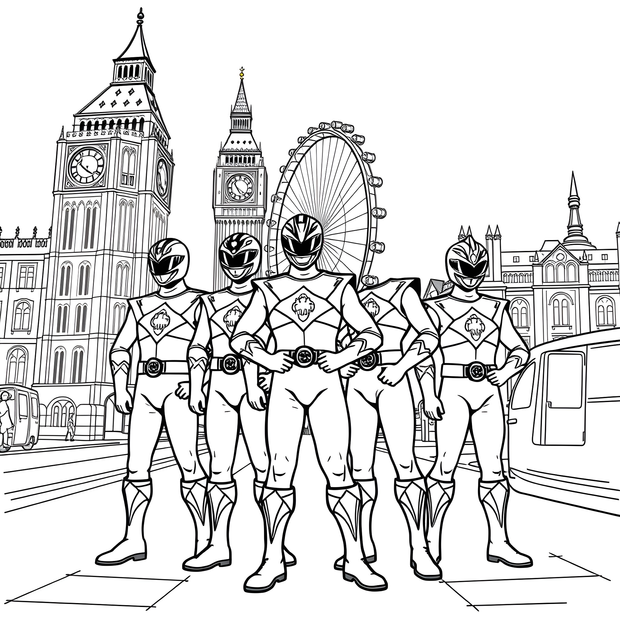 Power Rangers in London Action Pose Coloring Page (free black-and-white line drawing printable PDF for all, from beginners to advanced learners, including children, teens, adults, and seniors)