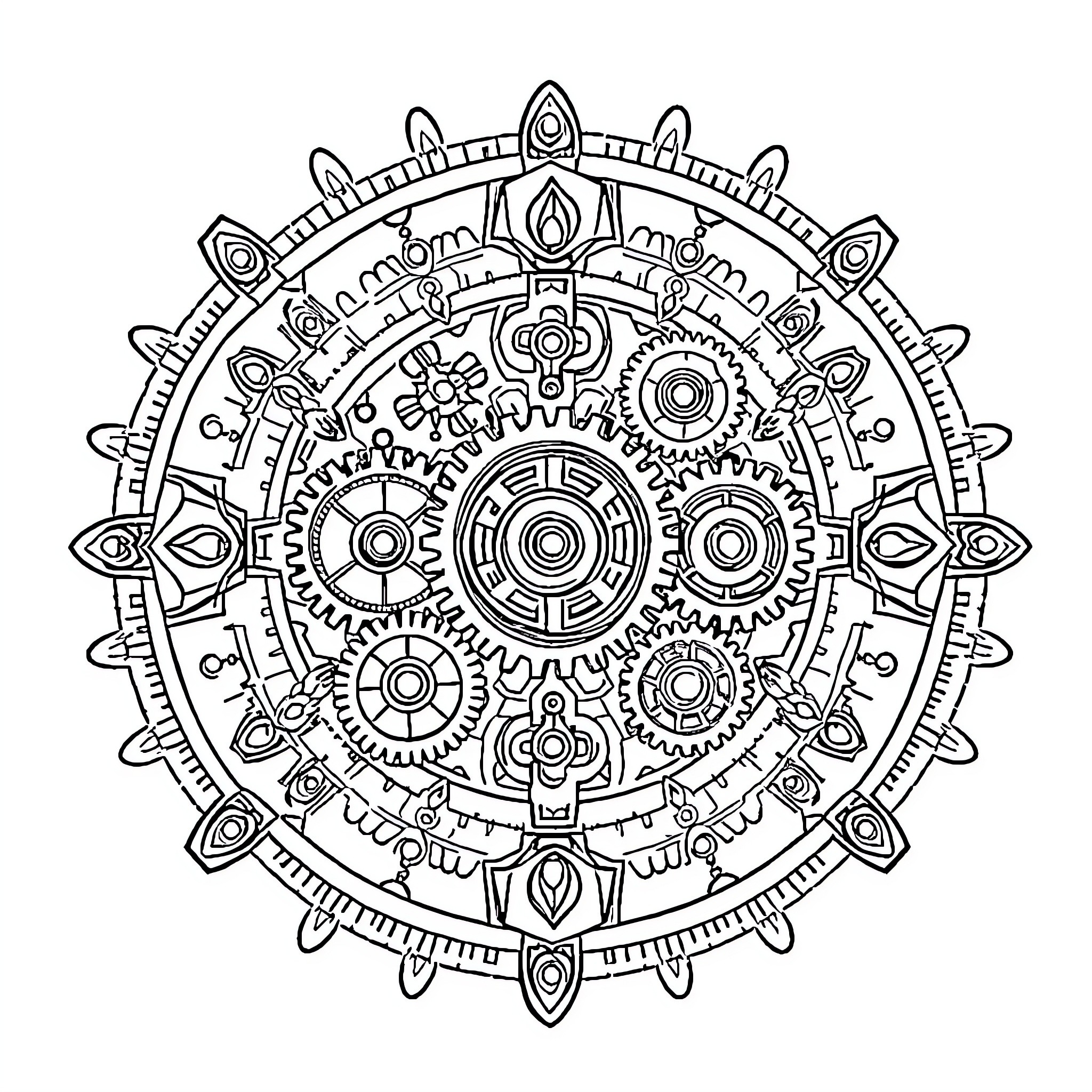 Gear Mandala with Intricate Mechanical Patterns Coloring Page (free black-and-white line drawing printable PDF for all, from beginners to advanced learners, including children, teens, adults, and seniors)