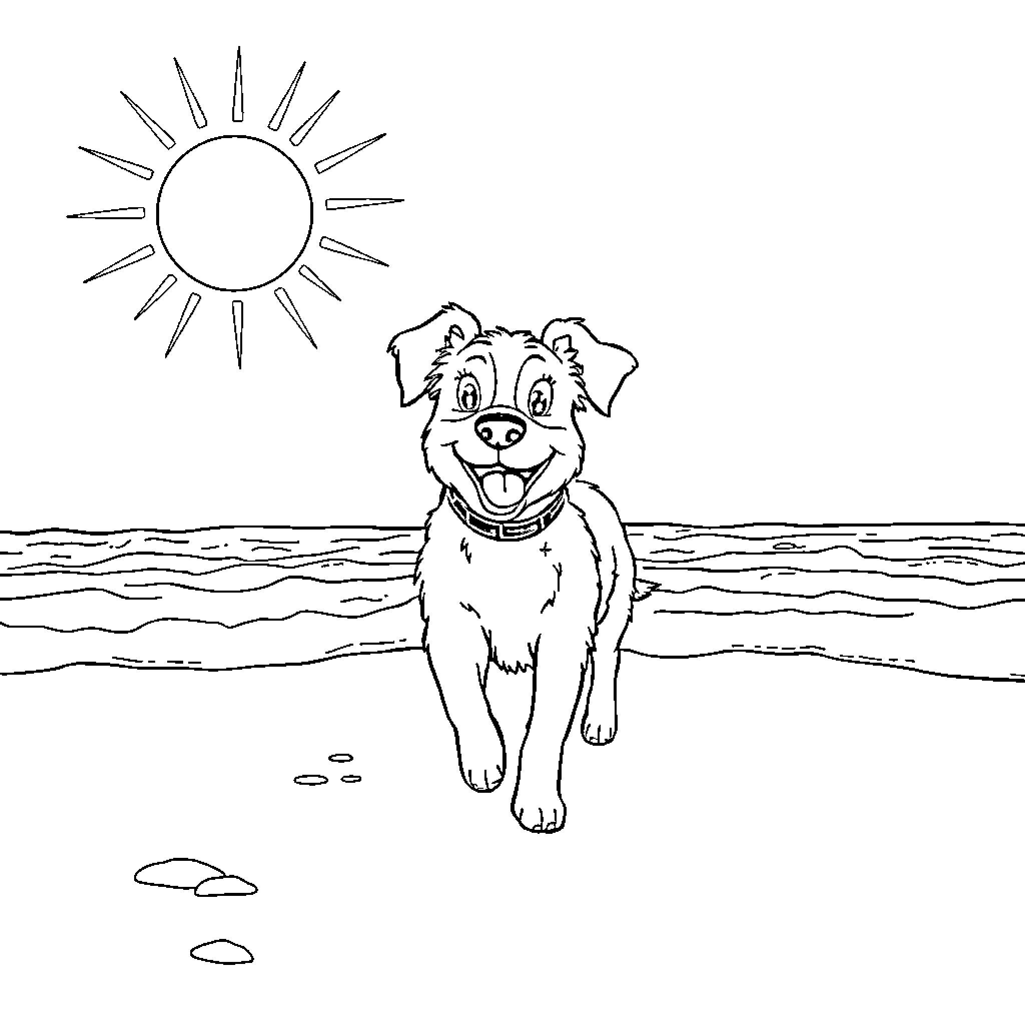 Match of a Playful Puppy at the Beach Coloring Page (free black-and-white line drawing printable PDF for all, from beginners to advanced learners, including children, teens, adults, and seniors)