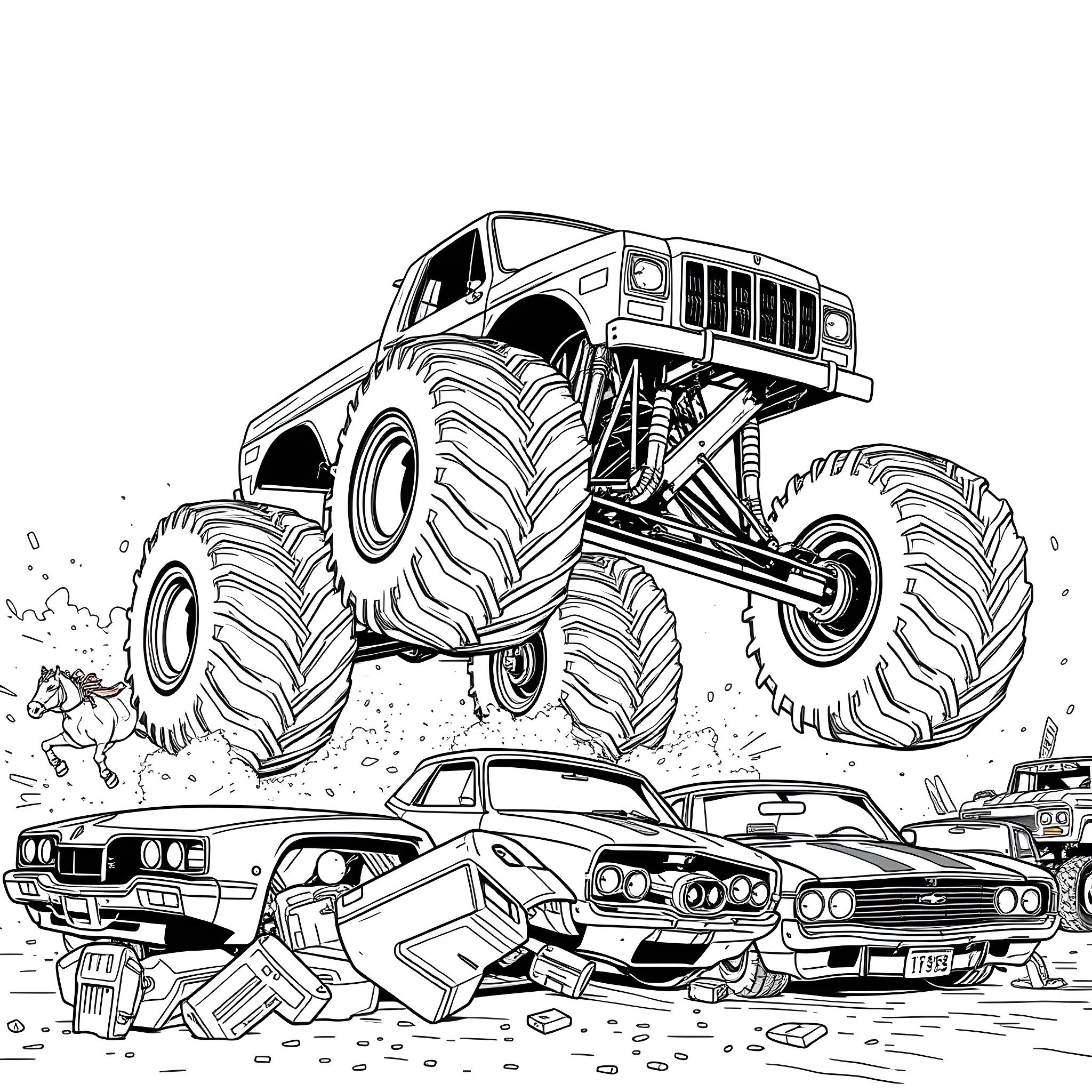 Monster Truck Crushing Smashed Cars in Muddy Scene Coloring Page (free black-and-white line drawing printable PDF for all, from beginners to advanced learners, including children, teens, adults, and seniors)