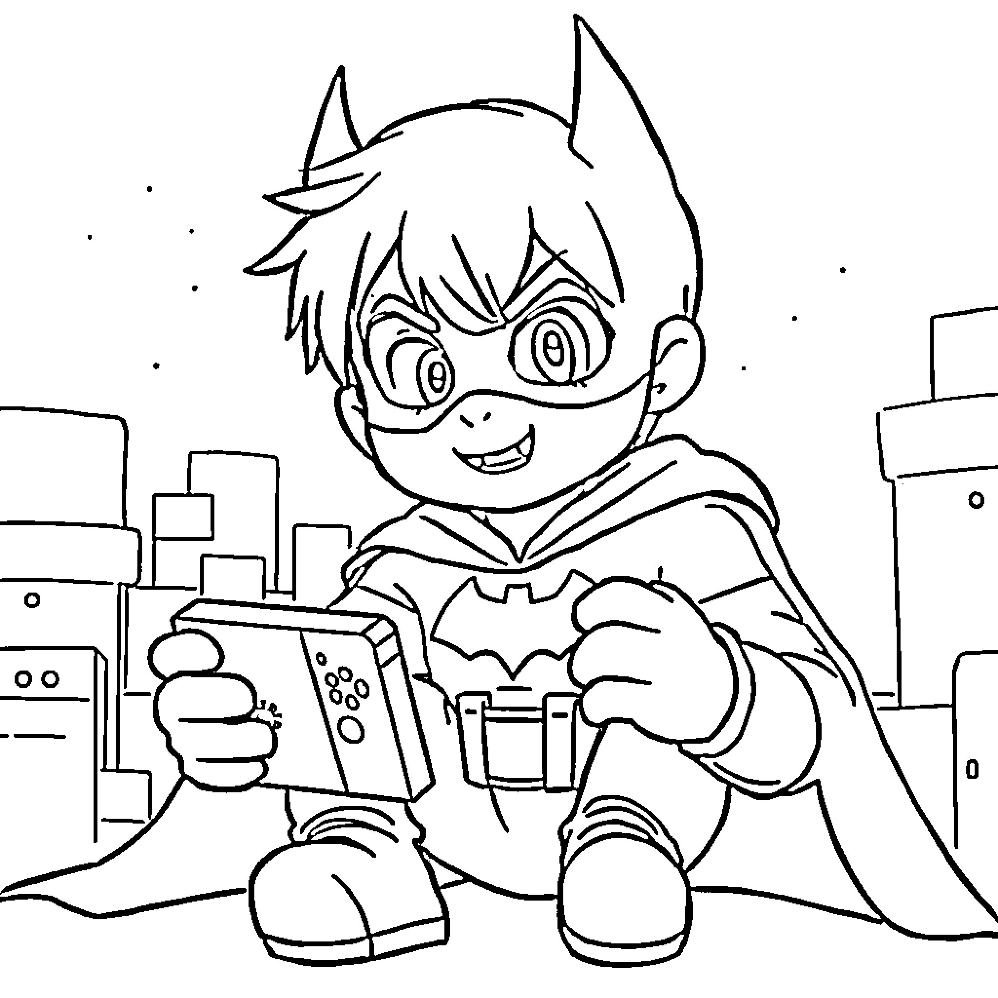 Niño playing with video game controller in the city Coloring Page (free black-and-white line drawing printable PDF for all, from beginners to advanced learners, including children, teens, adults, and seniors)