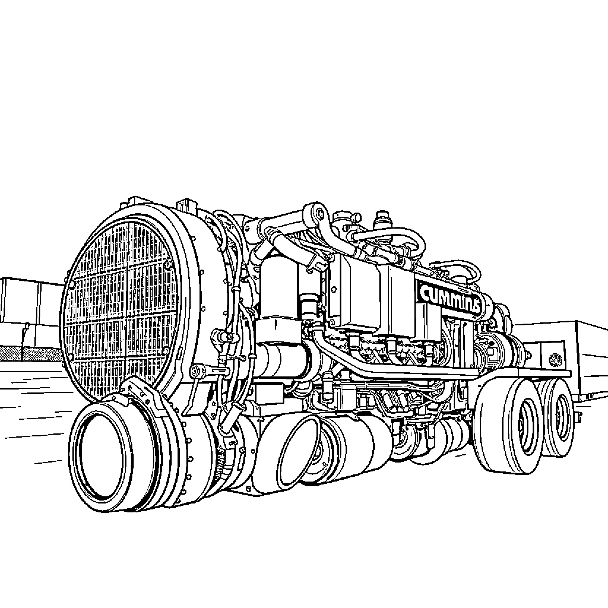 Cummins Engine Powering Heavy-Duty Transport Vehicle Coloring Page (free black-and-white line drawing printable PDF for all, from beginners to advanced learners, including children, teens, adults, and seniors)