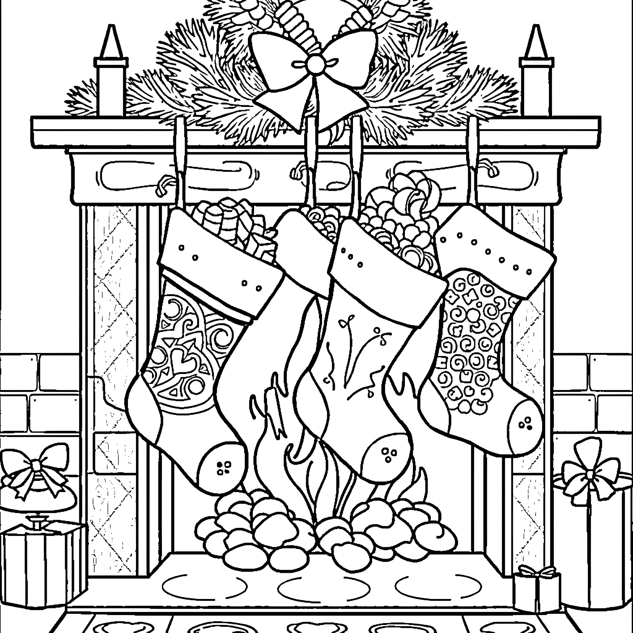 Stocking hung on the Christmas fireplace Coloring Page (free black-and-white line drawing printable PDF for all, from beginners to advanced learners, including children, teens, adults, and seniors)