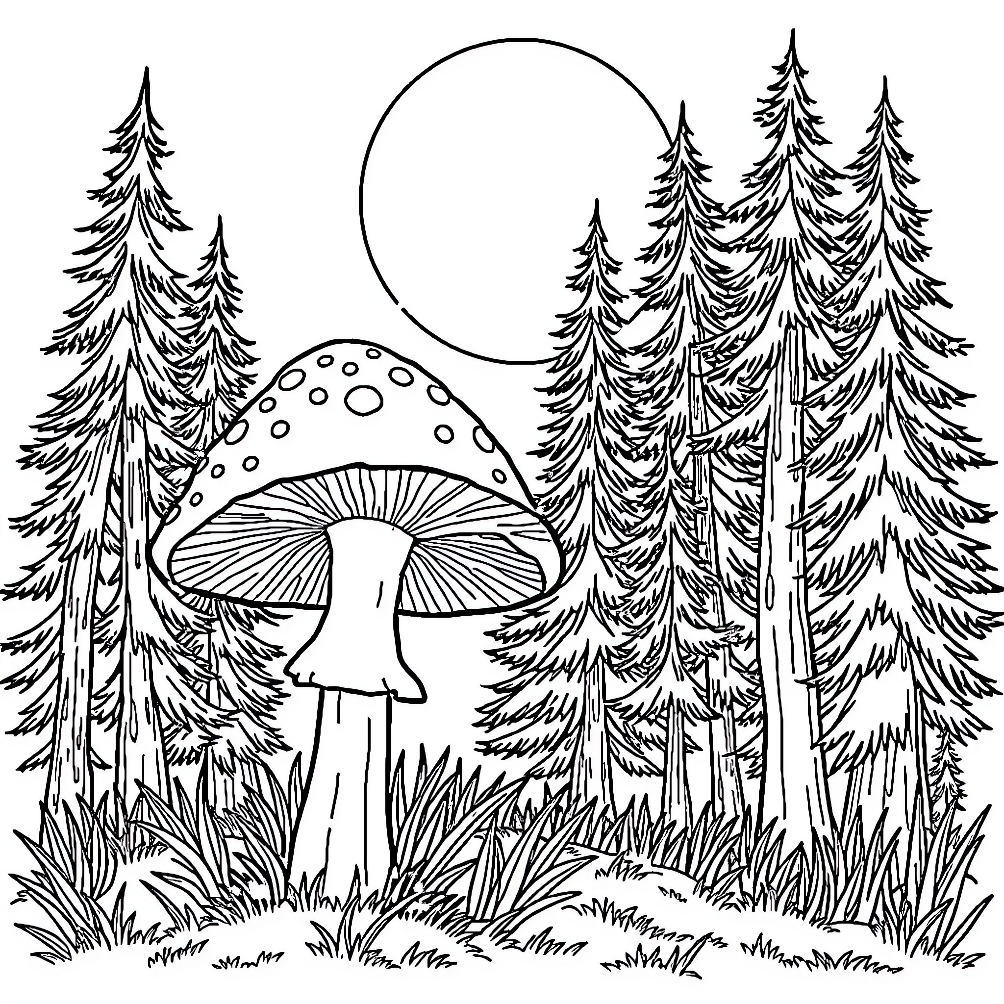 Mushroom in the mysterious forest landscape Coloring Page (free black-and-white line drawing printable PDF for all, from beginners to advanced learners, including children, teens, adults, and seniors)