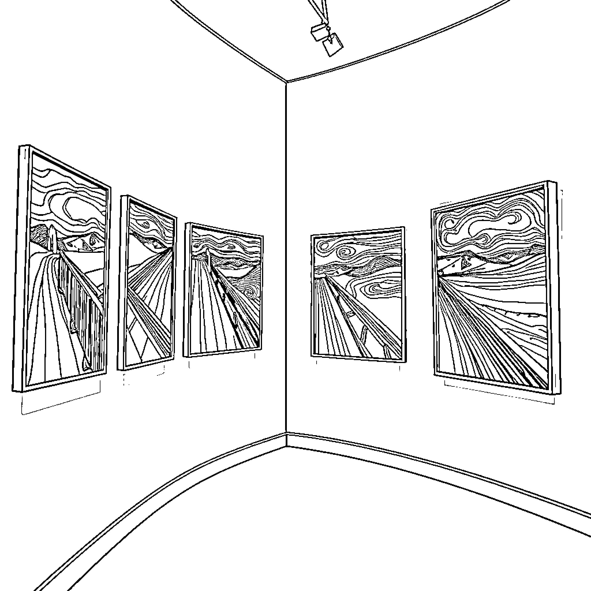 Edvard Munch's Expressionistic Artwork Exhibit Coloring Page (free black-and-white line drawing printable PDF for all, from beginners to advanced learners, including children, teens, adults, and seniors)