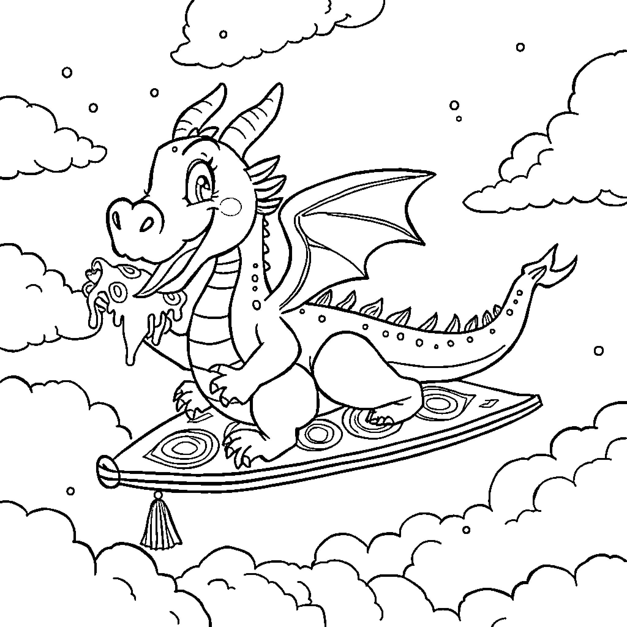 Dragon surfing through the clouds Coloring Page (free black-and-white line drawing printable PDF for all, from beginners to advanced learners, including children, teens, adults, and seniors)