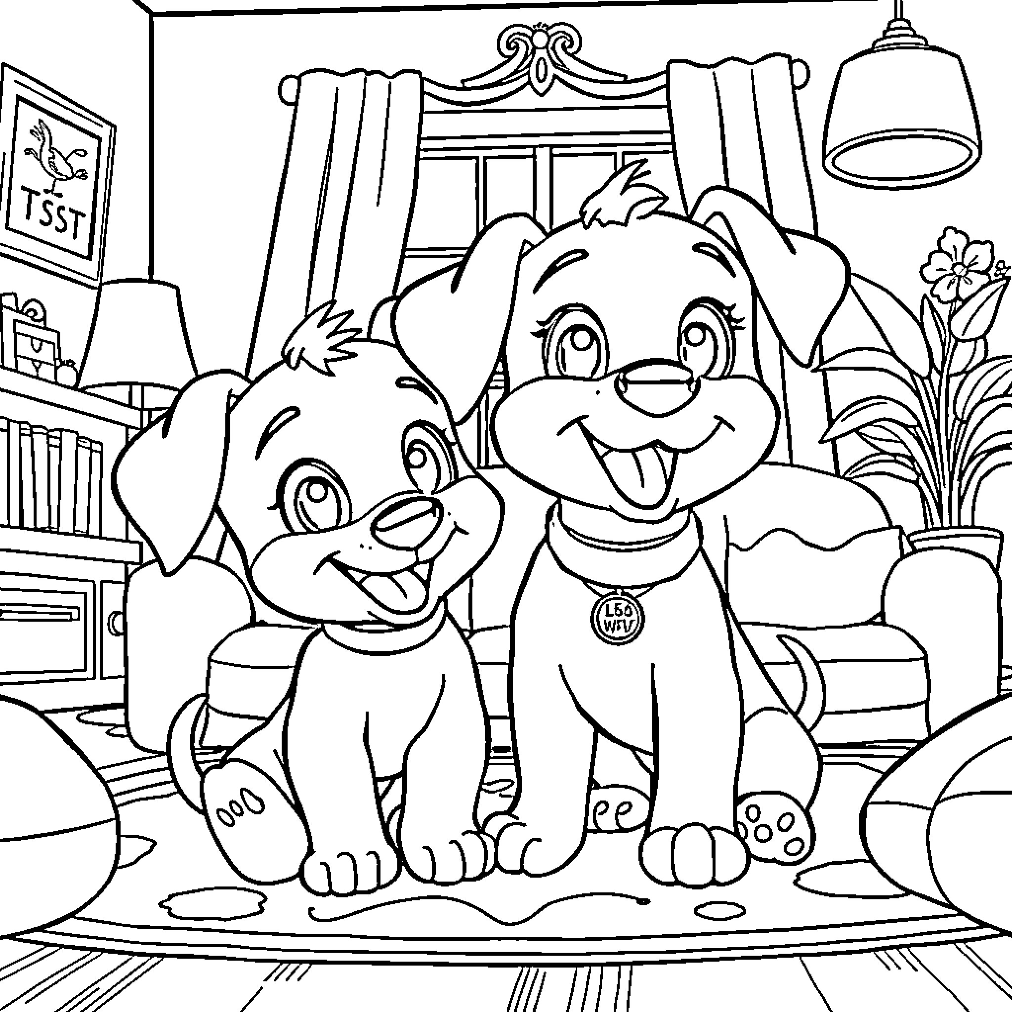 Bluey and Bingo's Playful Adventure Coloring Page (free black-and-white line drawing printable PDF for all, from beginners to advanced learners, including children, teens, adults, and seniors)