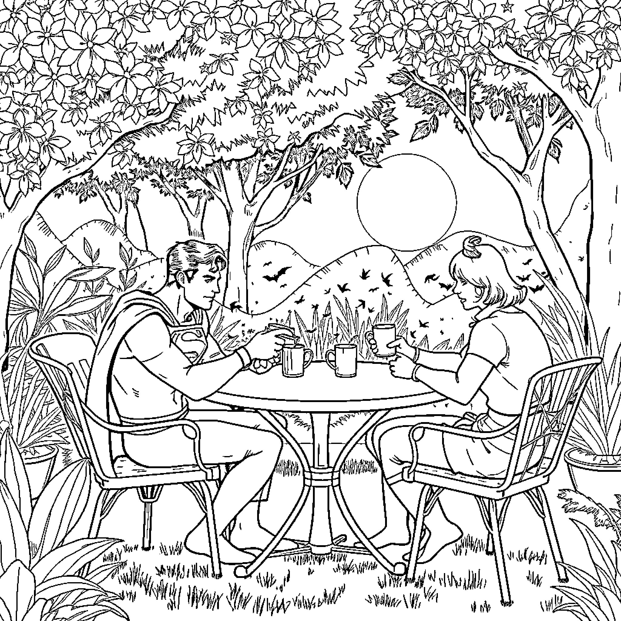 Superman picnicking with friends in a lush garden Coloring Page (free black-and-white line drawing printable PDF for all, from beginners to advanced learners, including children, teens, adults, and seniors)
