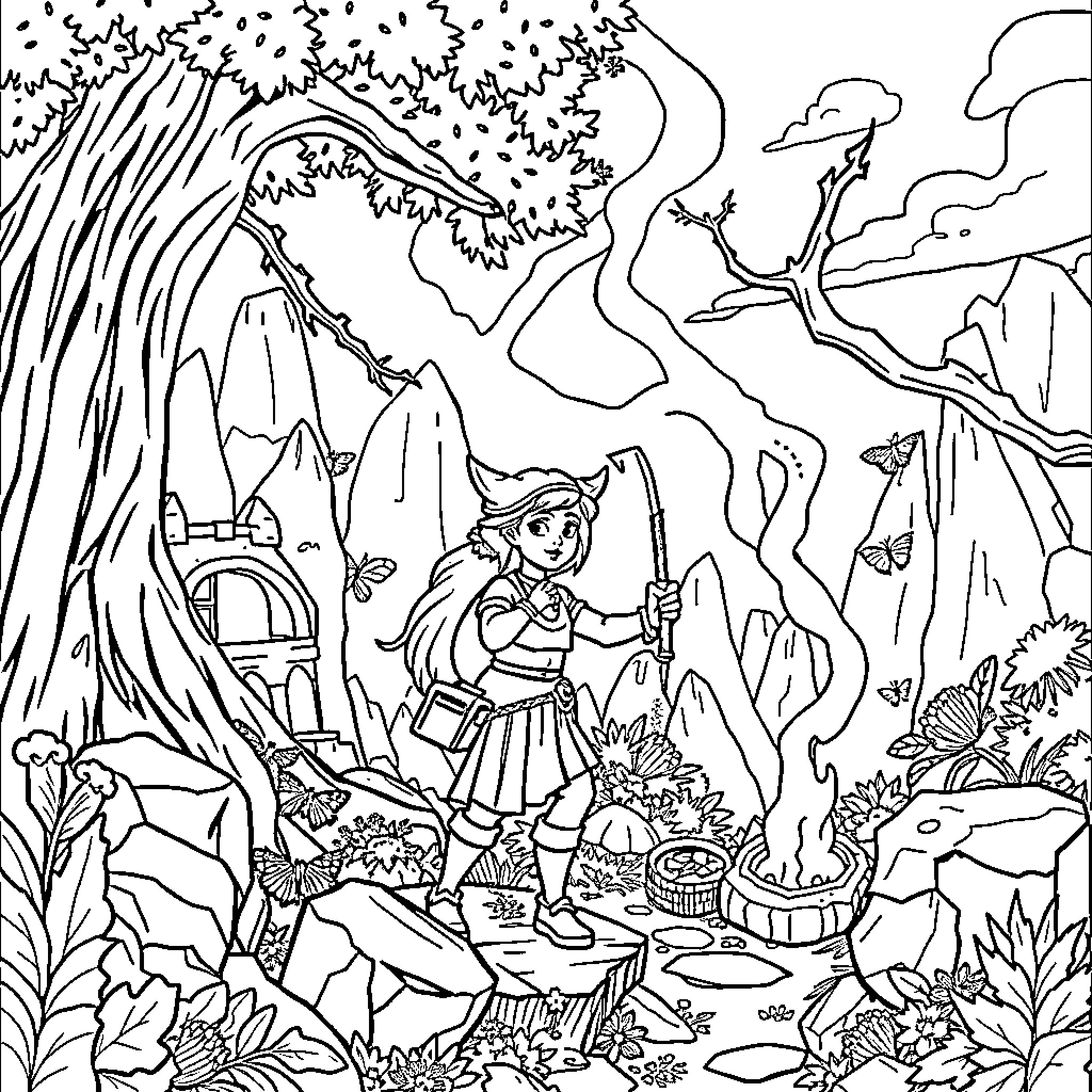 Huntrix's enchanting adventure in the mystical forest Coloring Page (free black-and-white line drawing printable PDF for all, from beginners to advanced learners, including children, teens, adults, and seniors)