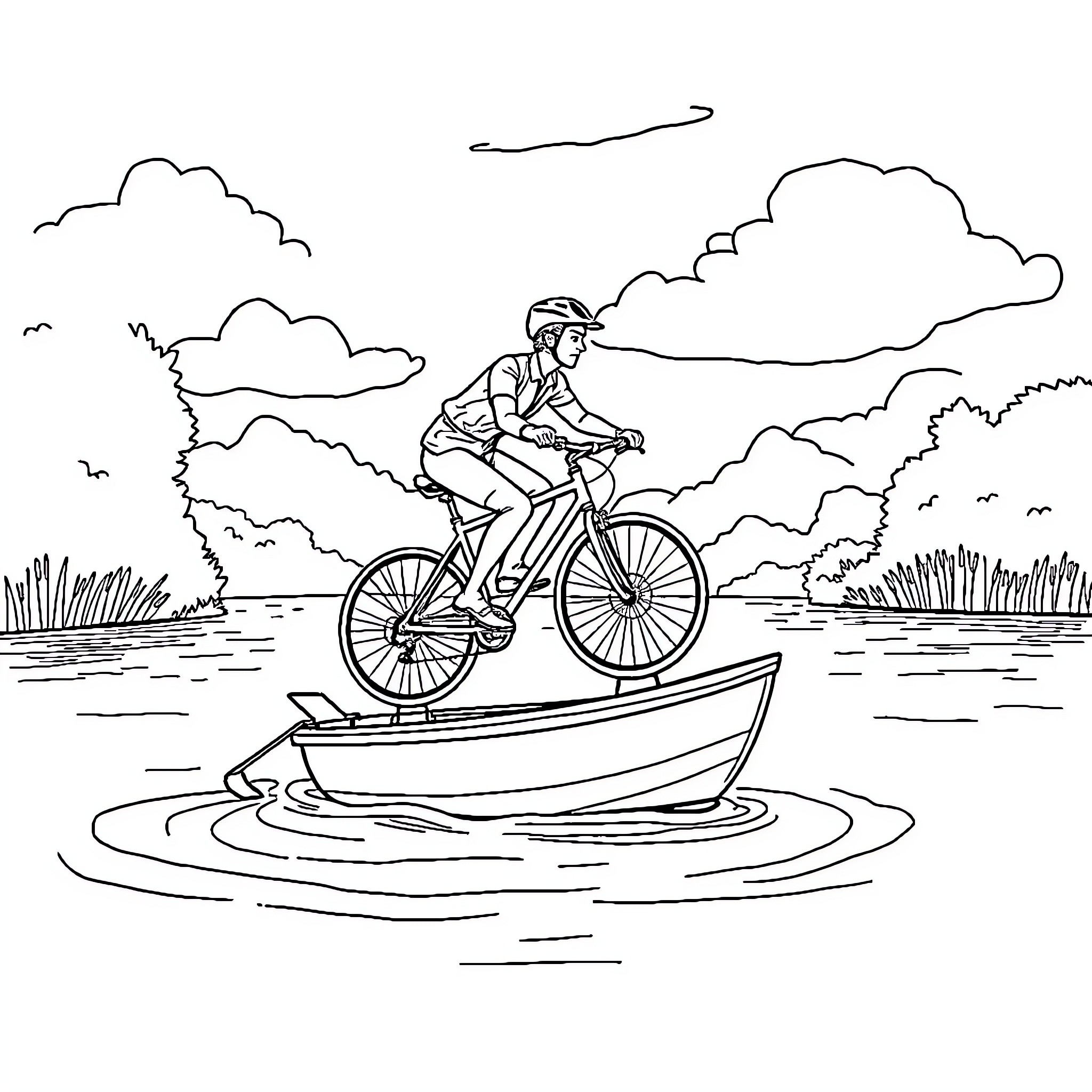 Person riding bicycle across a flooded field Coloring Page (free black-and-white line drawing printable PDF for all, from beginners to advanced learners, including children, teens, adults, and seniors)