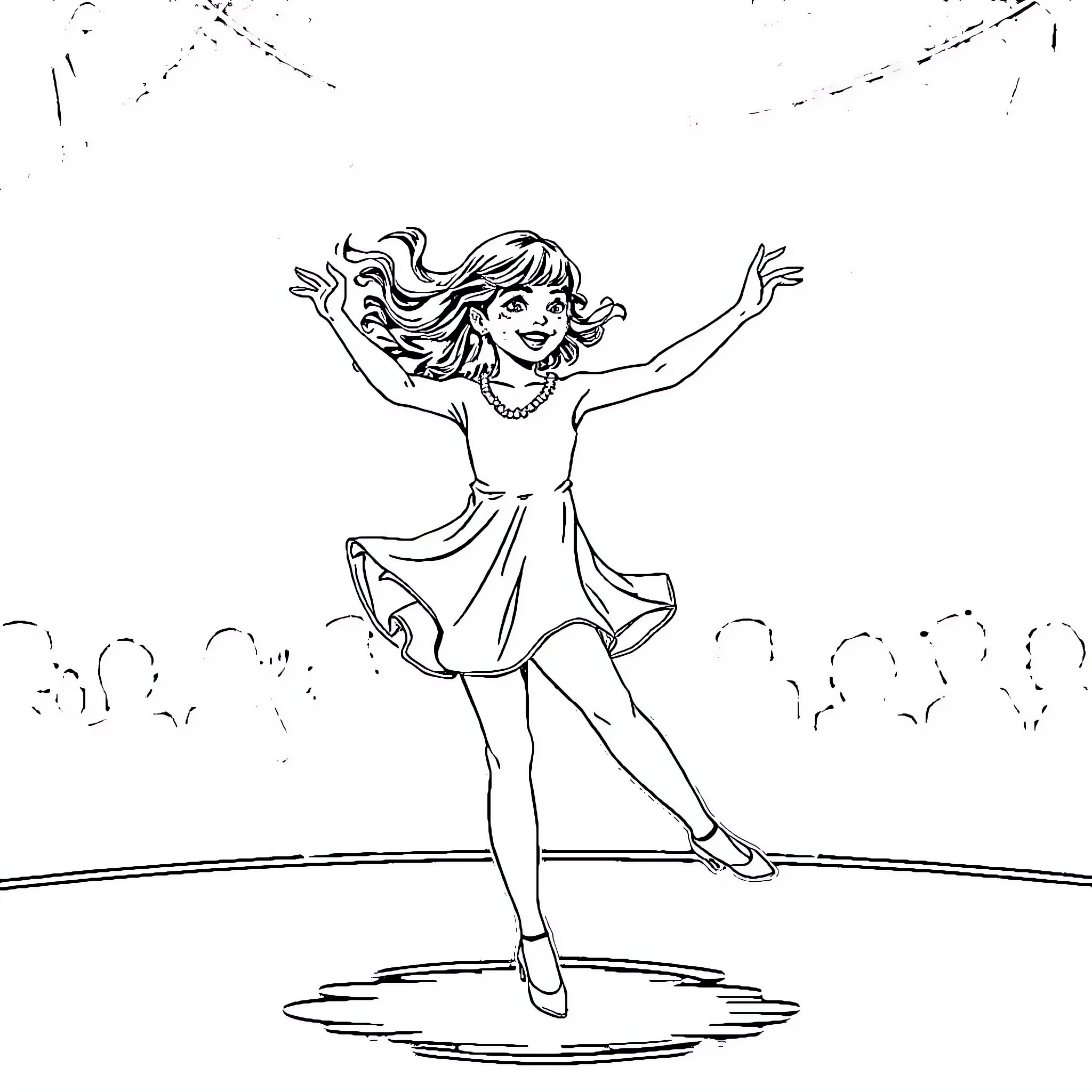 Girl joyfully dancing on stage Coloring Page (free black-and-white line drawing printable PDF for all, from beginners to advanced learners, including children, teens, adults, and seniors)