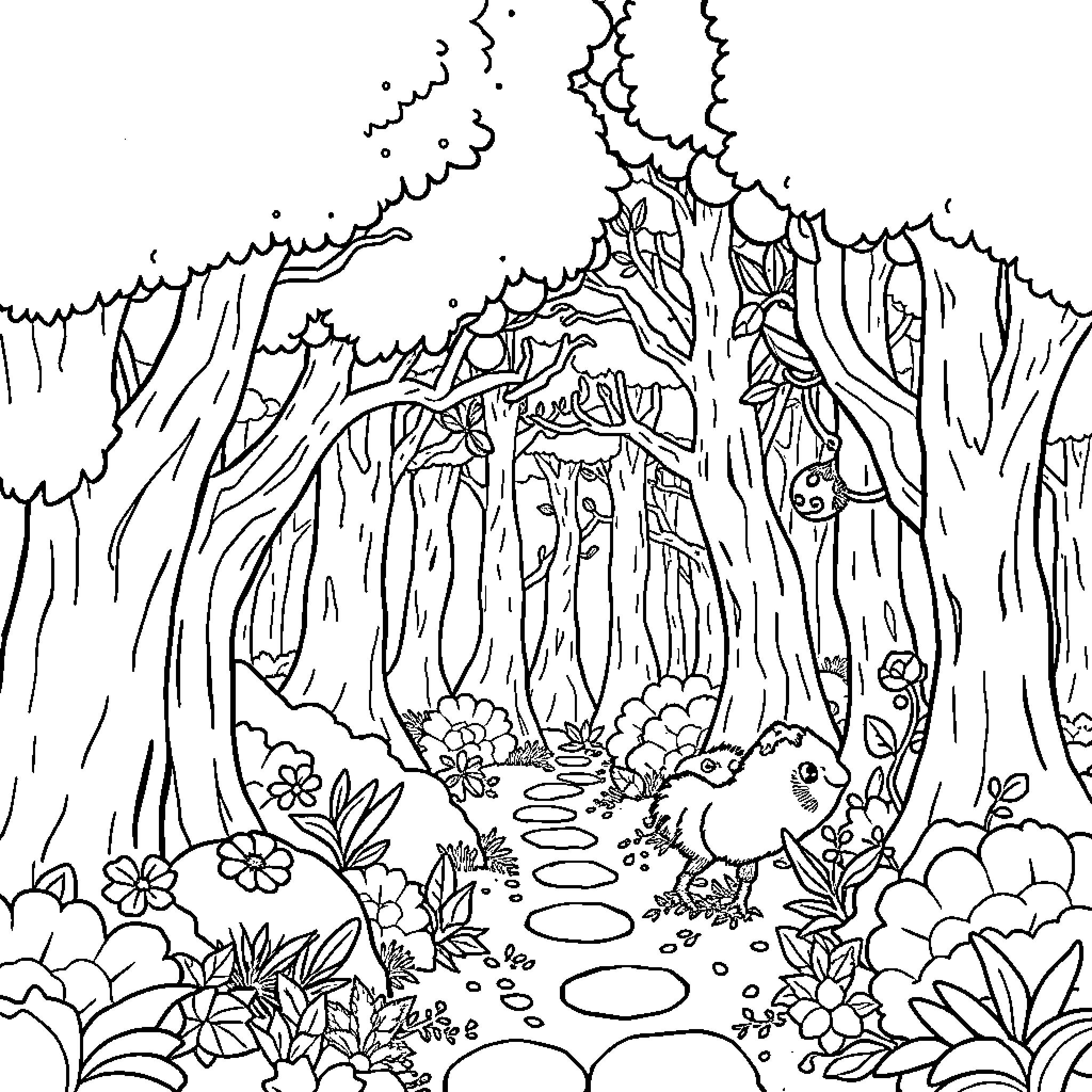 Forest scene with whimsical wildlife and foliage Coloring Page (free black-and-white line drawing printable PDF for all, from beginners to advanced learners, including children, teens, adults, and seniors)
