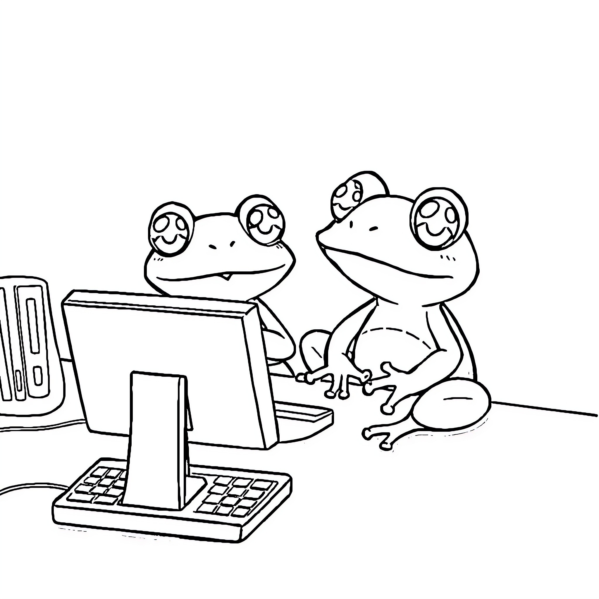 Frog friends using a computer together Coloring Page (free black-and-white line drawing printable PDF for all, from beginners to advanced learners, including children, teens, adults, and seniors)