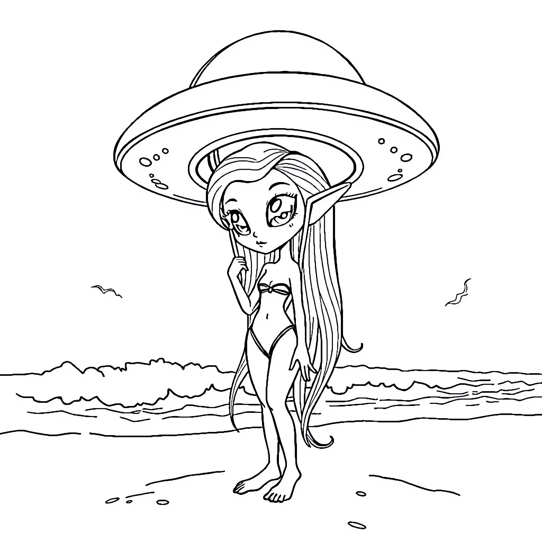 Alien in a Swimsuit by the Beach Coloring Page (free black-and-white line drawing printable PDF for all, from beginners to advanced learners, including children, teens, adults, and seniors)