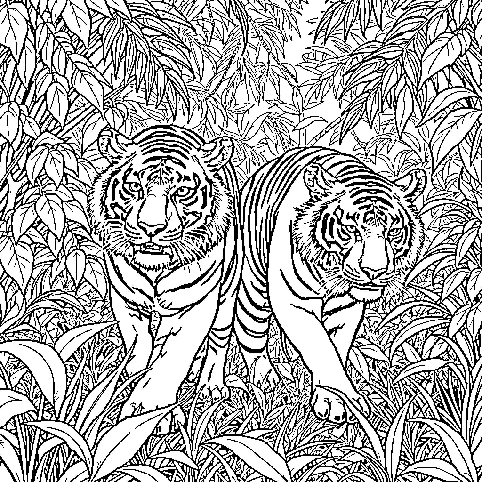 Tigers stalking through the dense jungle foliage Coloring Page (free black-and-white line drawing printable PDF for all, from beginners to advanced learners, including children, teens, adults, and seniors)