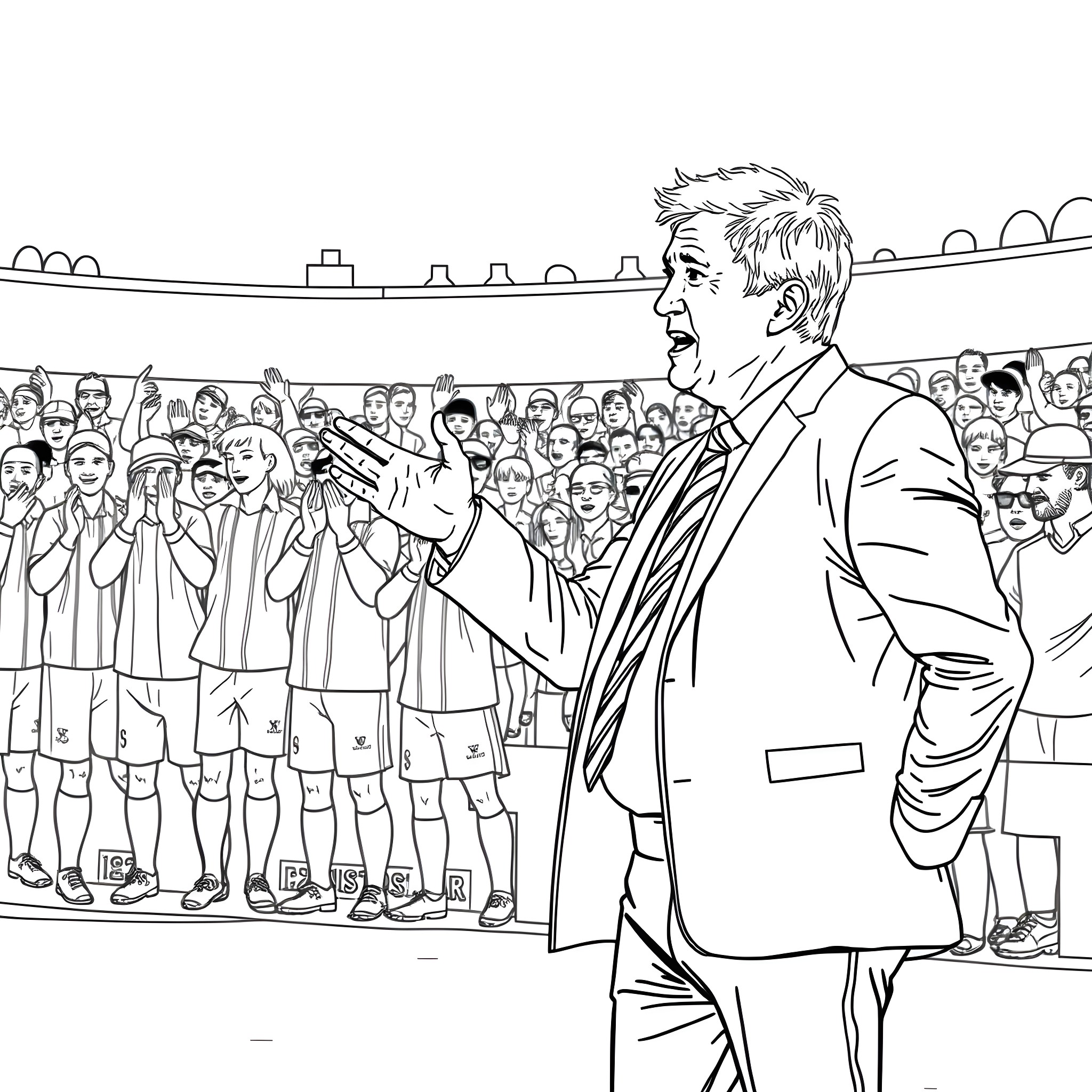 Paul Warne Addressing Team and Crowd in Stadium Coloring Page (free black-and-white line drawing printable PDF for all, from beginners to advanced learners, including children, teens, adults, and seniors)