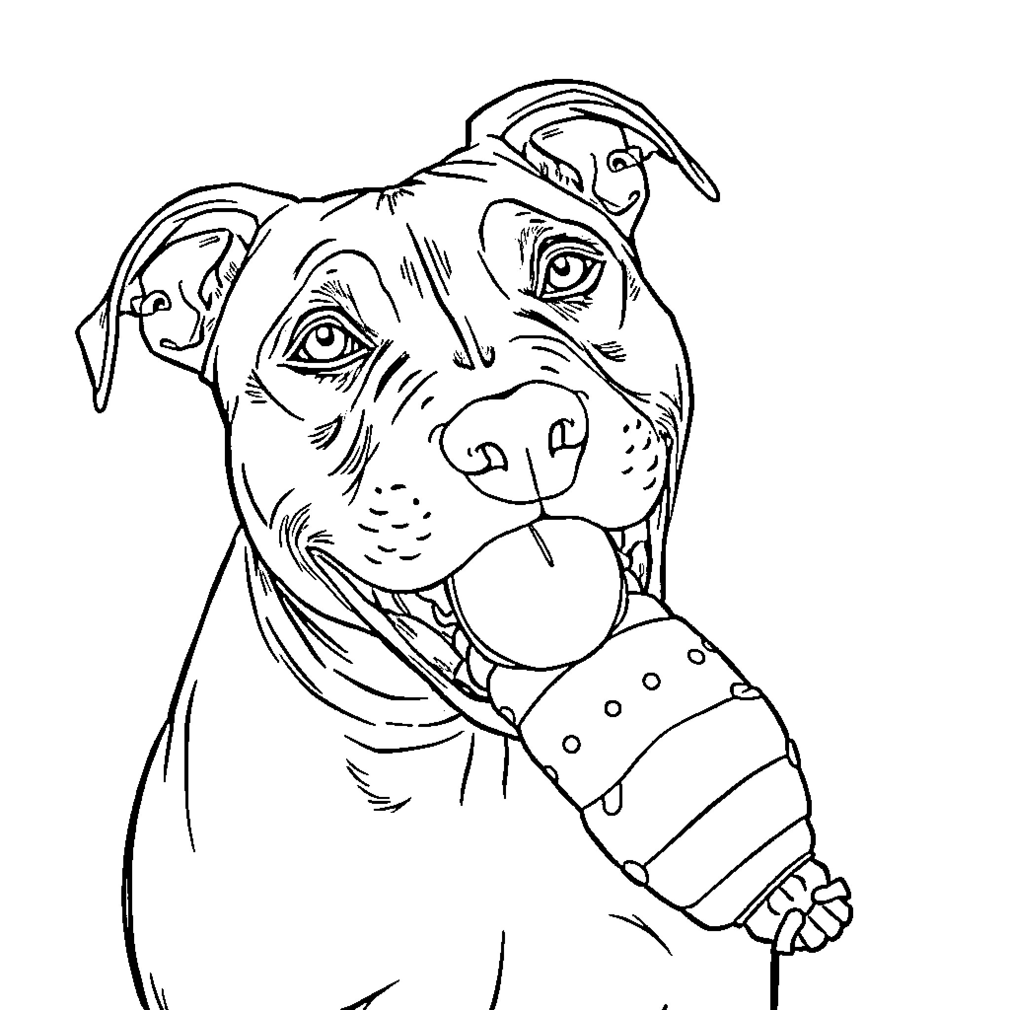 Pitbull wearing patterned collar with a playful expression Coloring Page (free black-and-white line drawing printable PDF for all, from beginners to advanced learners, including children, teens, adults, and seniors)