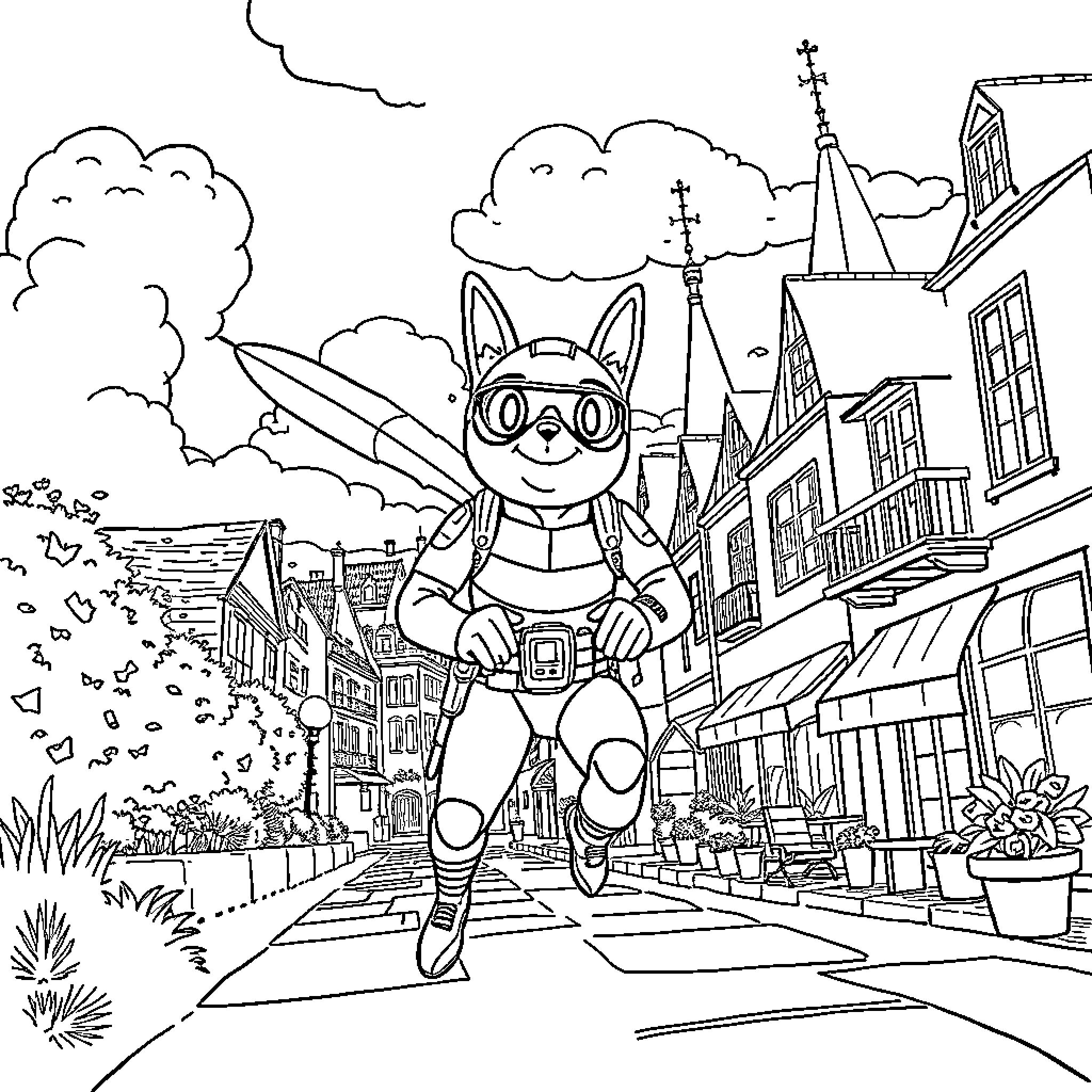 Pat Patrouille character in action-packed urban scene Coloring Page (free black-and-white line drawing printable PDF for all, from beginners to advanced learners, including children, teens, adults, and seniors)