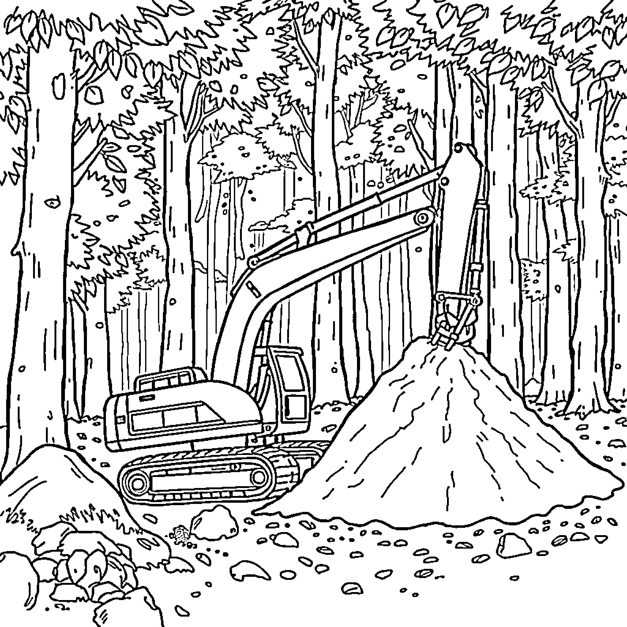 Excavator working in a forest clearing Coloring Page (free black-and-white line drawing printable PDF for all, from beginners to advanced learners, including children, teens, adults, and seniors)