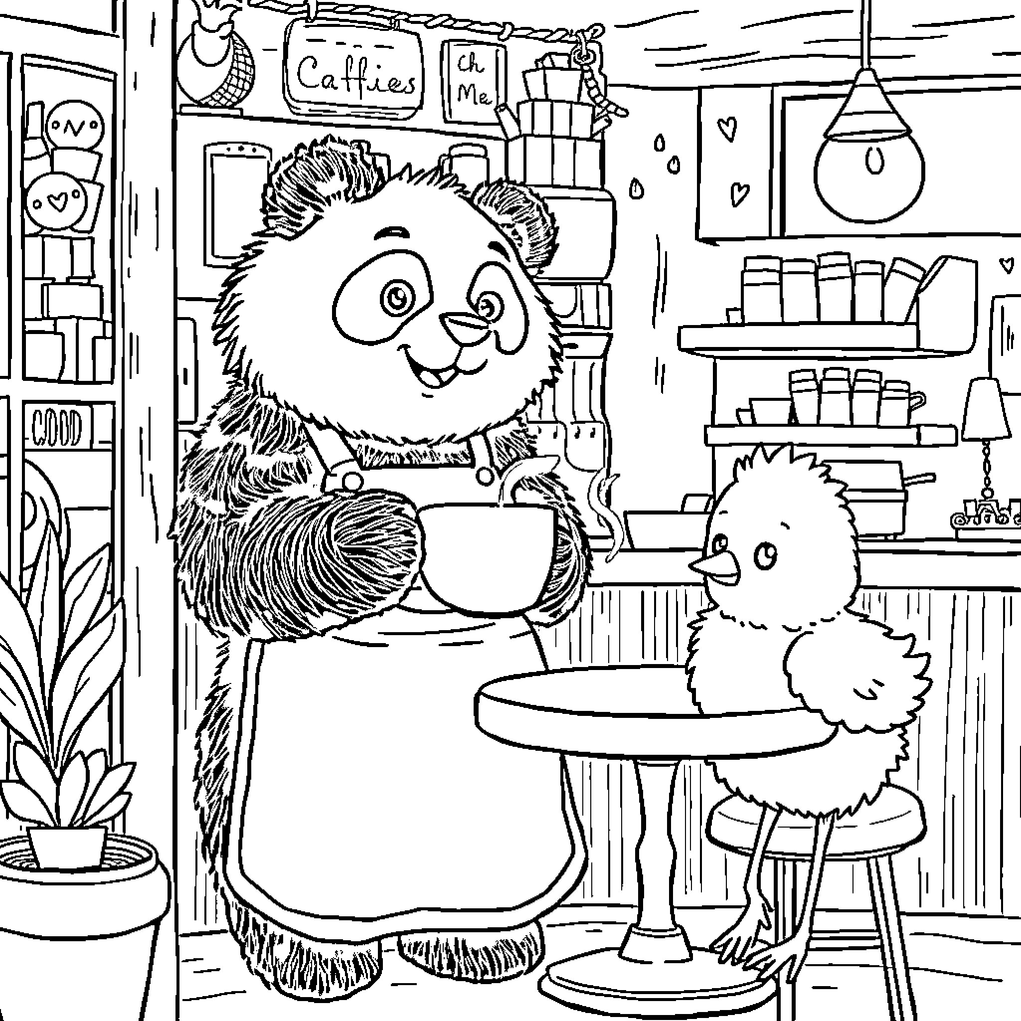 Panda bears enjoying cozy cafe scene Coloring Page (free black-and-white line drawing printable PDF for all, from beginners to advanced learners, including children, teens, adults, and seniors)