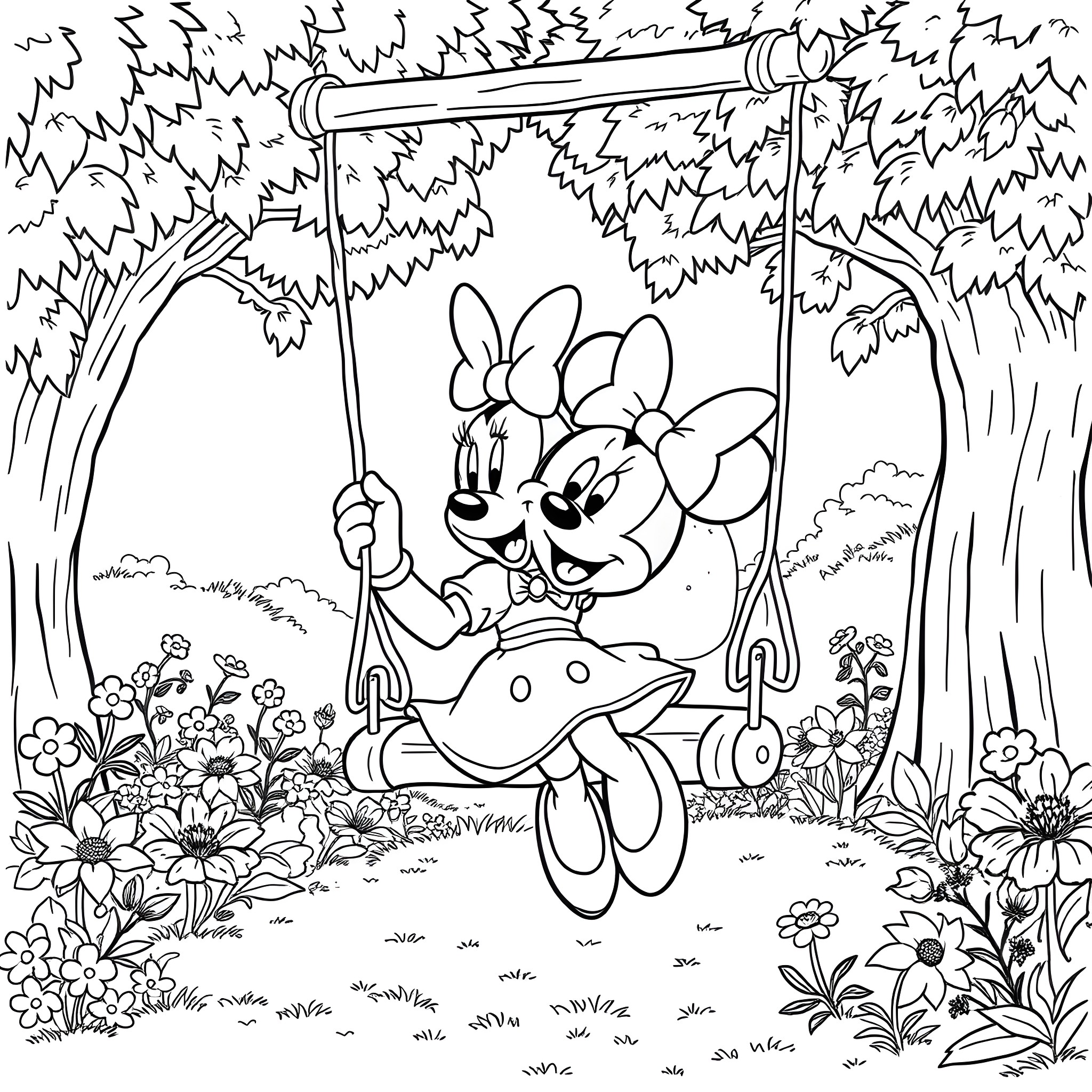 Minnie enjoying a swing in the garden Coloring Page (free black-and-white line drawing printable PDF for all, from beginners to advanced learners, including children, teens, adults, and seniors)