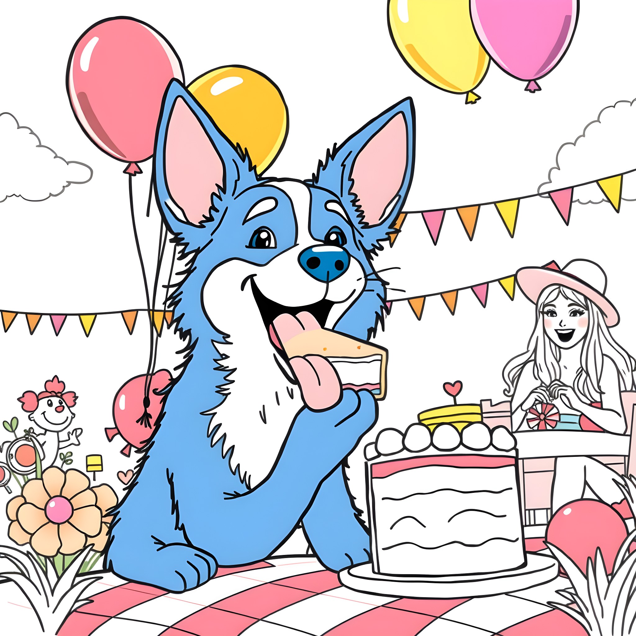 Bluey's Festive Birthday Celebration Coloring Page (free black-and-white line drawing printable PDF for all, from beginners to advanced learners, including children, teens, adults, and seniors)