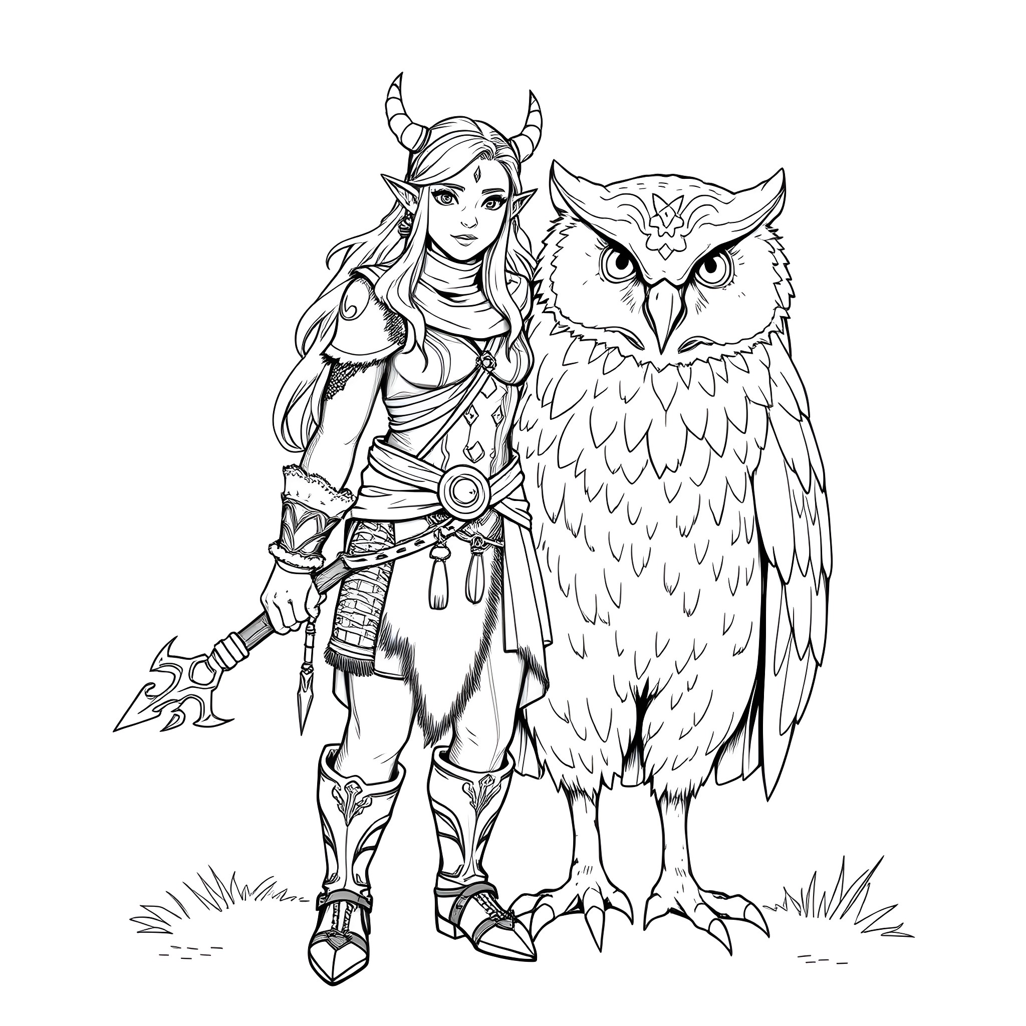 Tiefling warrior and her mighty owl companion Coloring Page (free black-and-white line drawing printable PDF for all, from beginners to advanced learners, including children, teens, adults, and seniors)