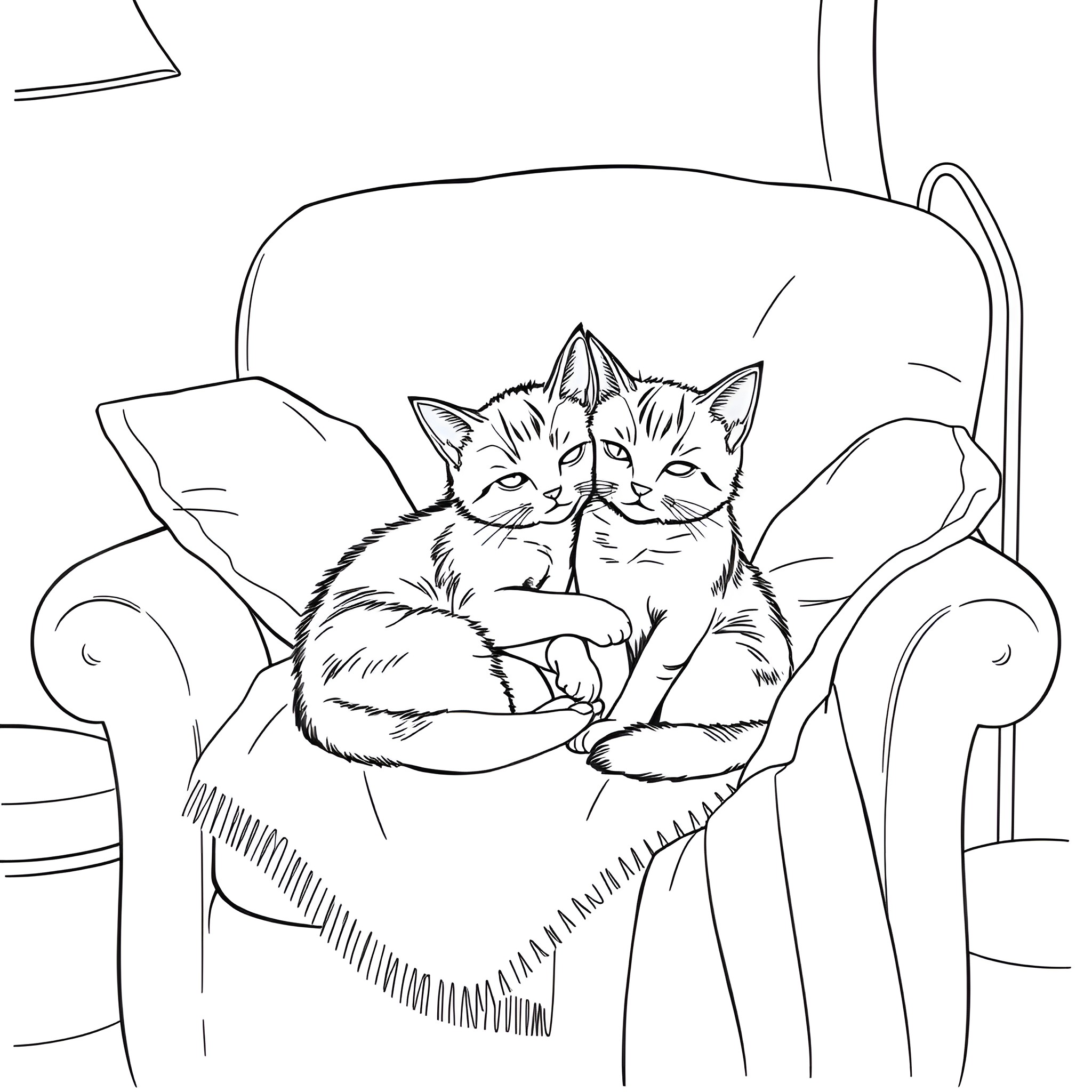Cats cuddling comfortably on couch Coloring Page (free black-and-white line drawing printable PDF for all, from beginners to advanced learners, including children, teens, adults, and seniors)
