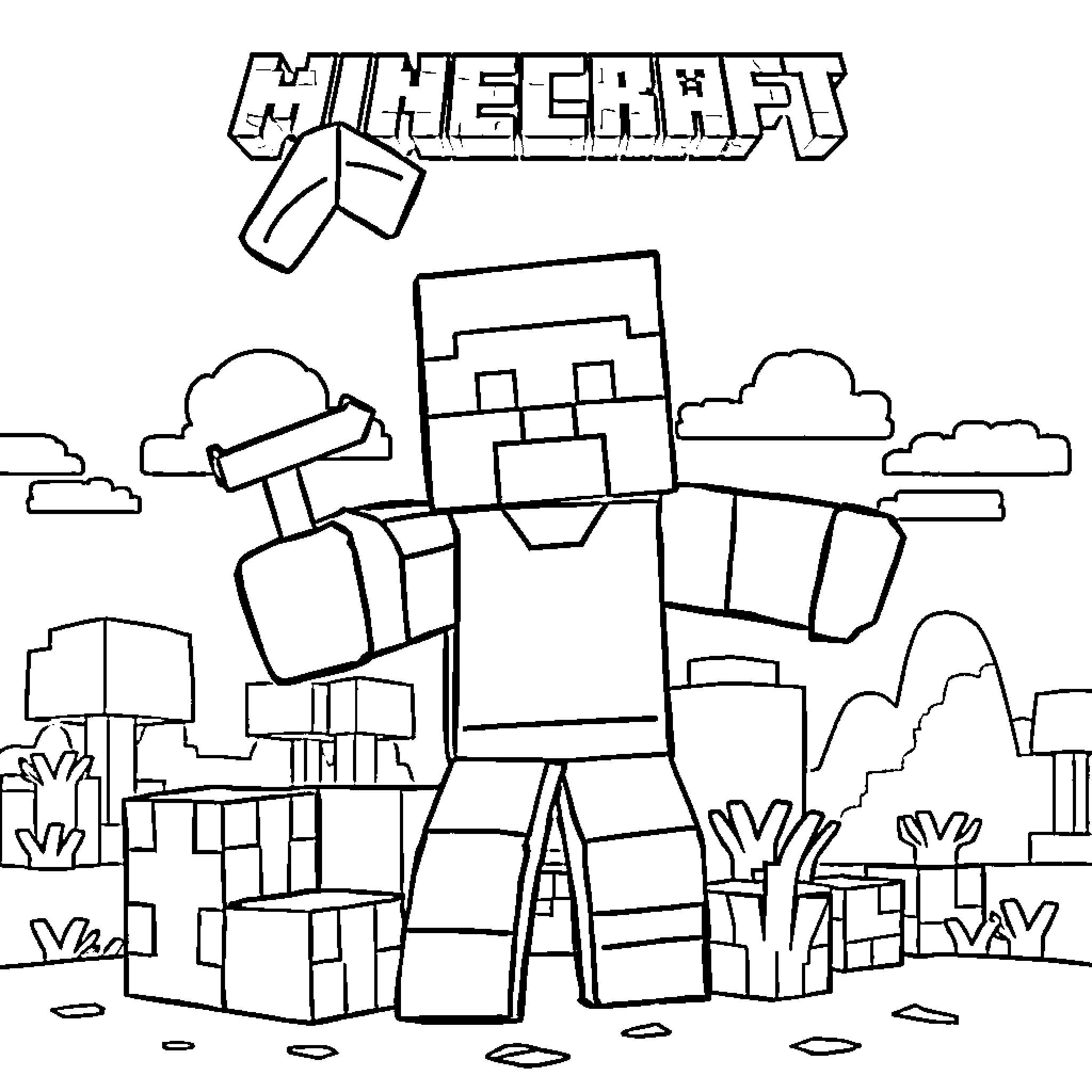 Minecraft character exploring blocky landscape Coloring Page (free black-and-white line drawing printable PDF for all, from beginners to advanced learners, including children, teens, adults, and seniors)