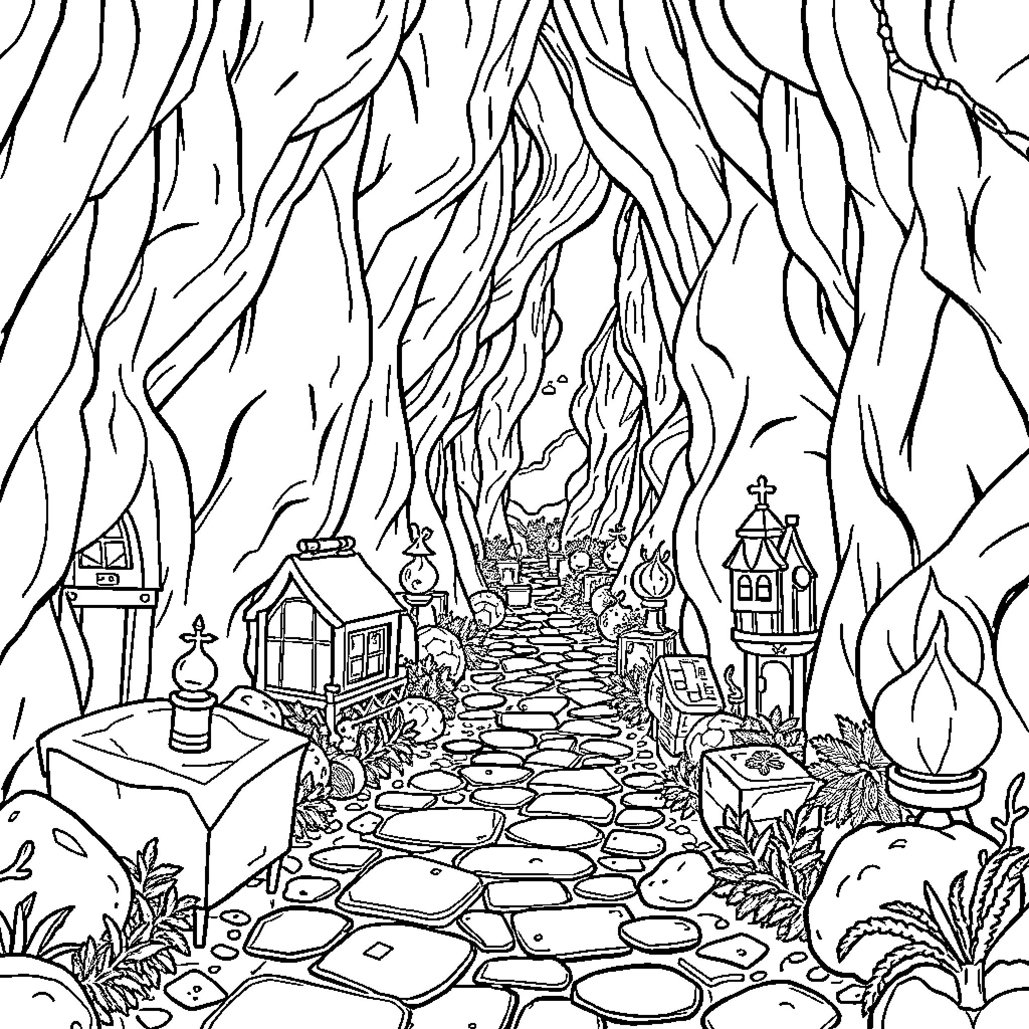 Maze of Enchanted Village Pathways Coloring Page (free black-and-white line drawing printable PDF for all, from beginners to advanced learners, including children, teens, adults, and seniors)