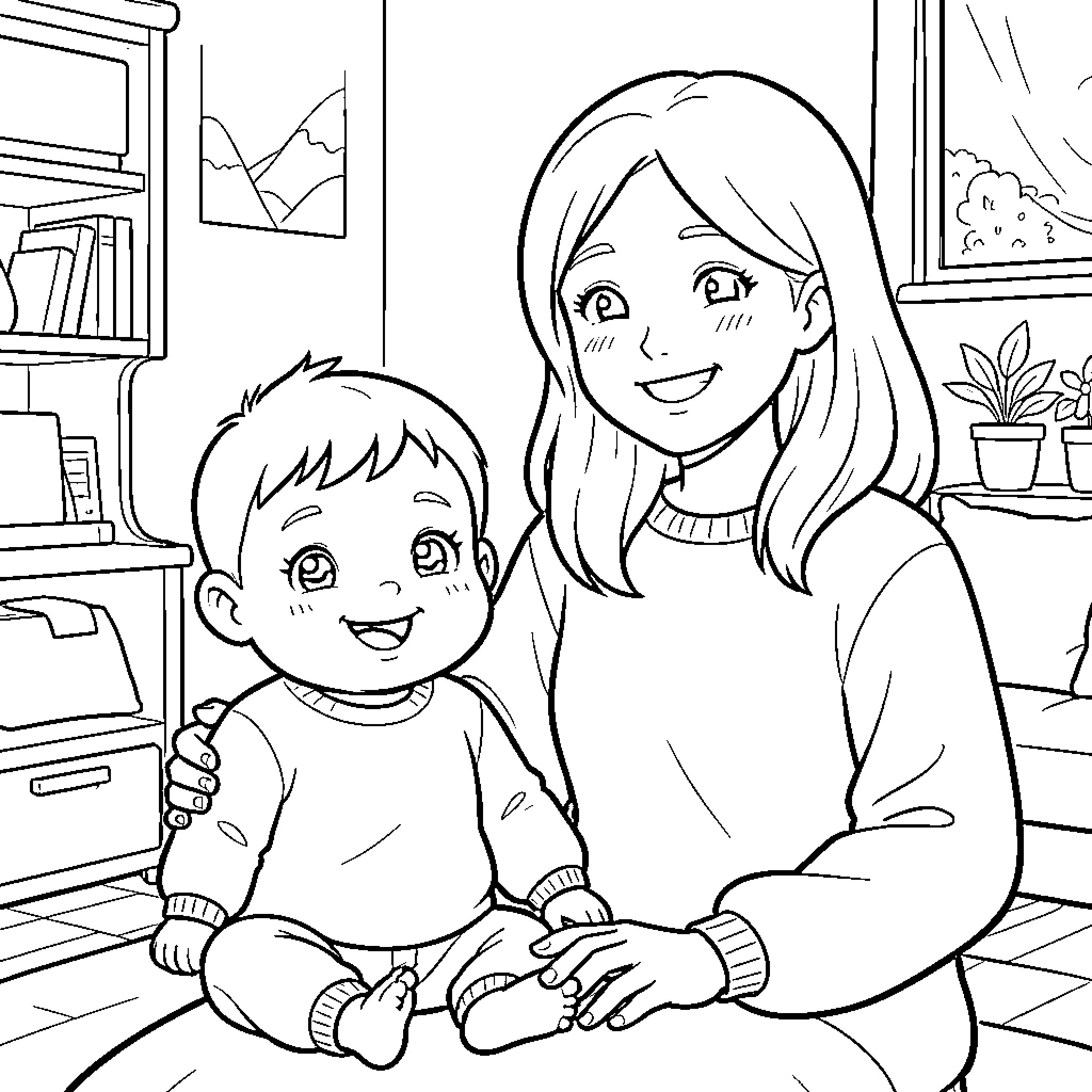 Baby and woman sharing a happy moment Coloring Page (free black-and-white line drawing printable PDF for all, from beginners to advanced learners, including children, teens, adults, and seniors)