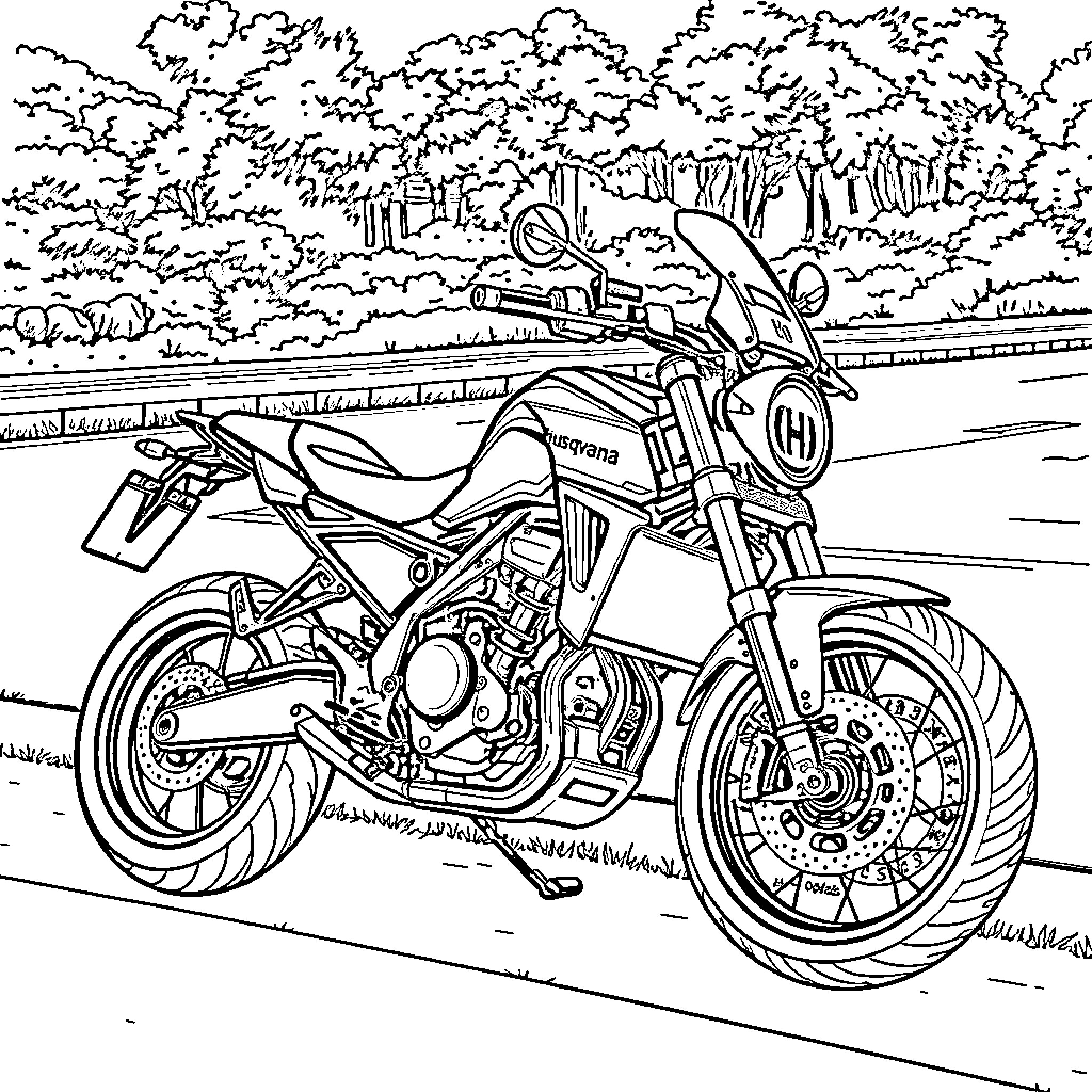 Husqvarna Nuda motorcycle on the road Coloring Page (free black-and-white line drawing printable PDF for all, from beginners to advanced learners, including children, teens, adults, and seniors)