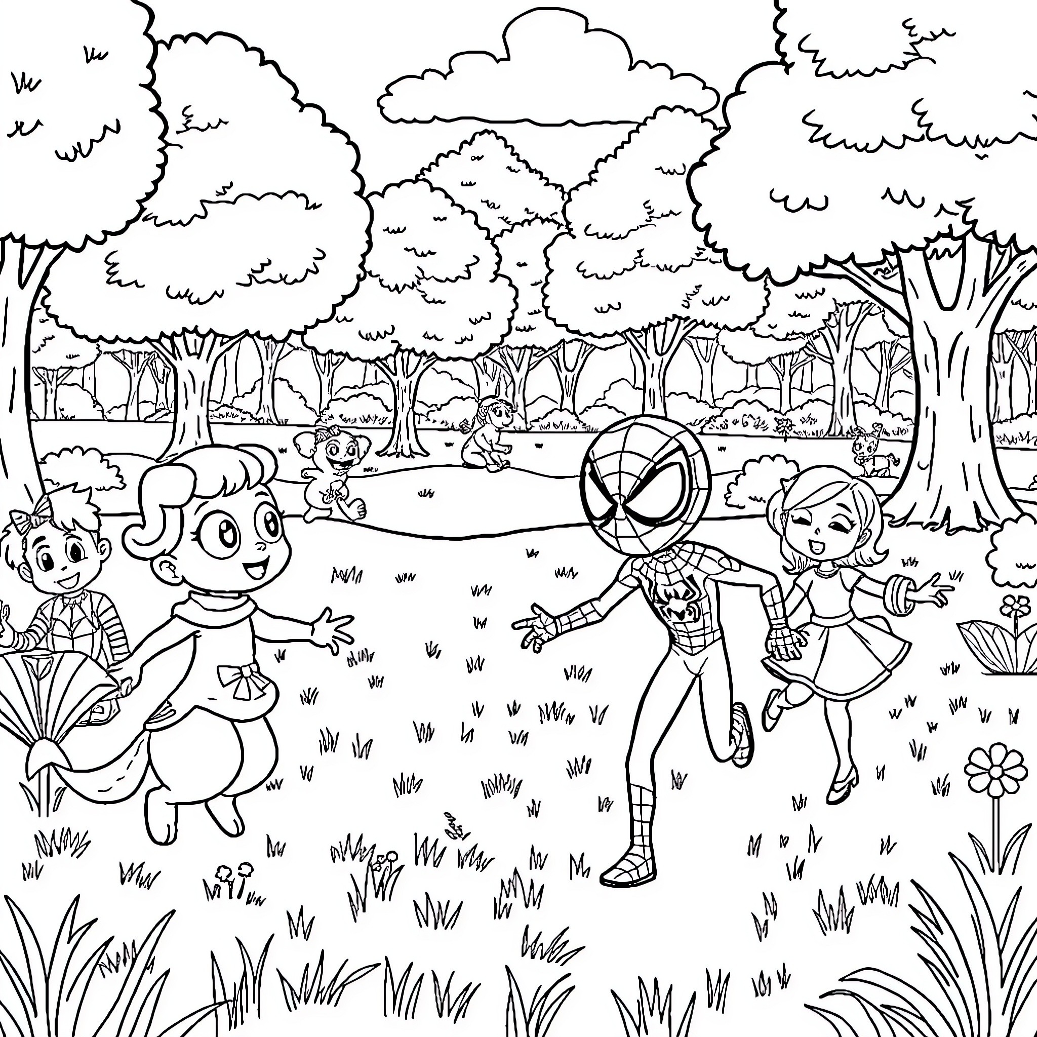 Spider-Themed Characters Playing in a Forest Landscape Coloring Page (free black-and-white line drawing printable PDF for all, from beginners to advanced learners, including children, teens, adults, and seniors)