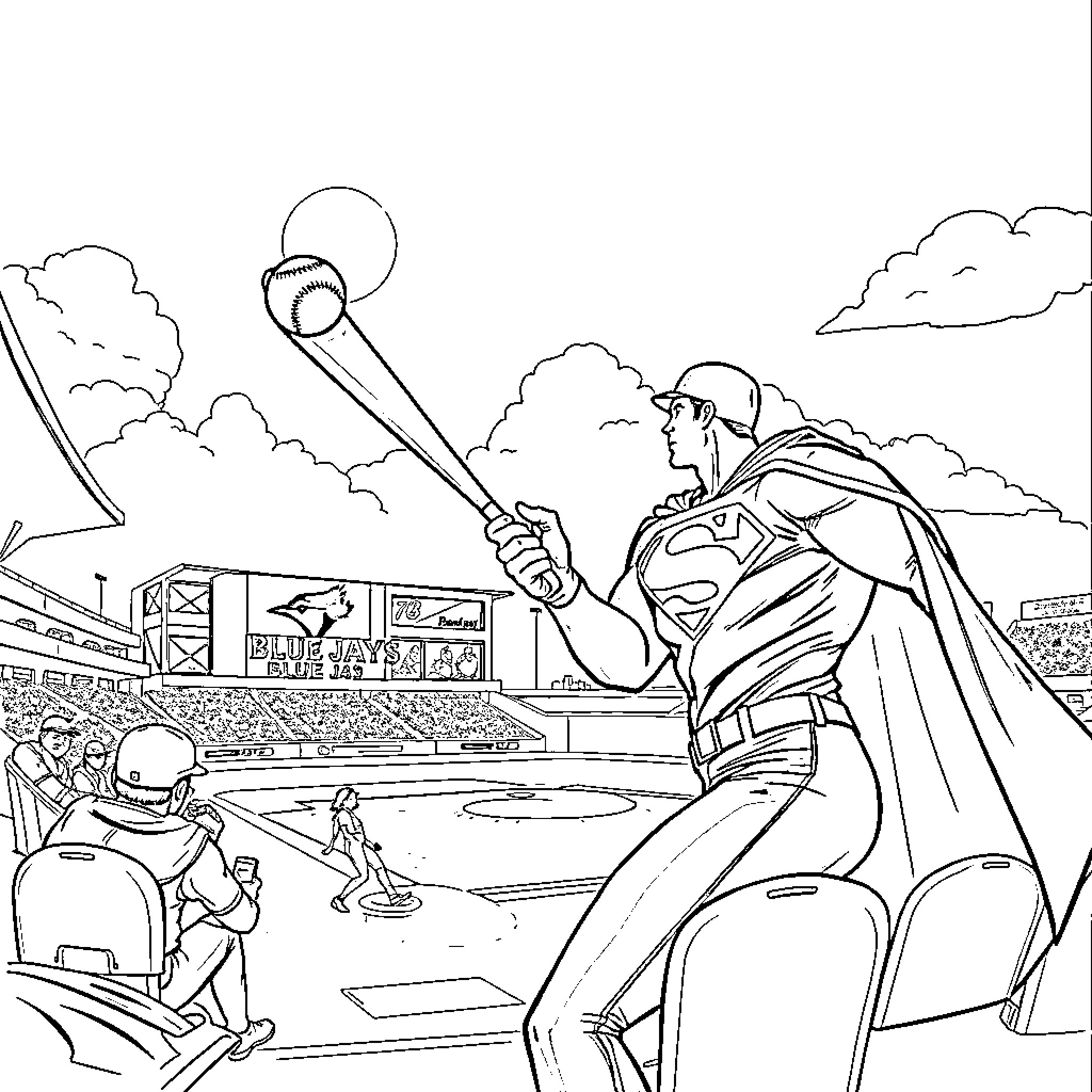 Superman Saving the City from Disaster Coloring Page (free black-and-white line drawing printable PDF for all, from beginners to advanced learners, including children, teens, adults, and seniors)