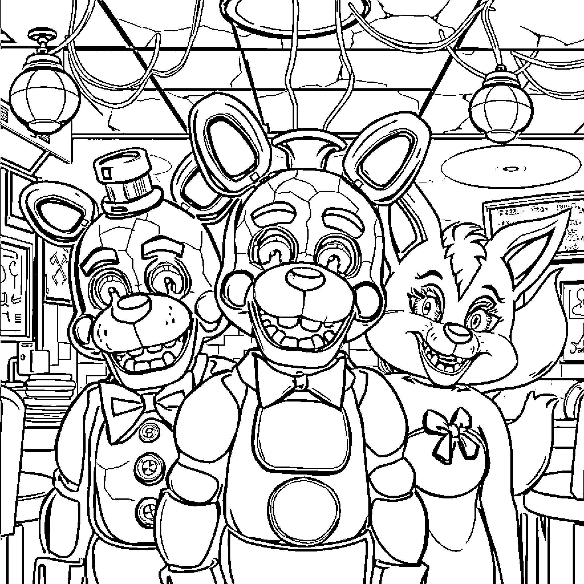 Animatronic Characters Interacting in a Playful Scene Coloring Page (free black-and-white line drawing printable PDF for all, from beginners to advanced learners, including children, teens, adults, and seniors)