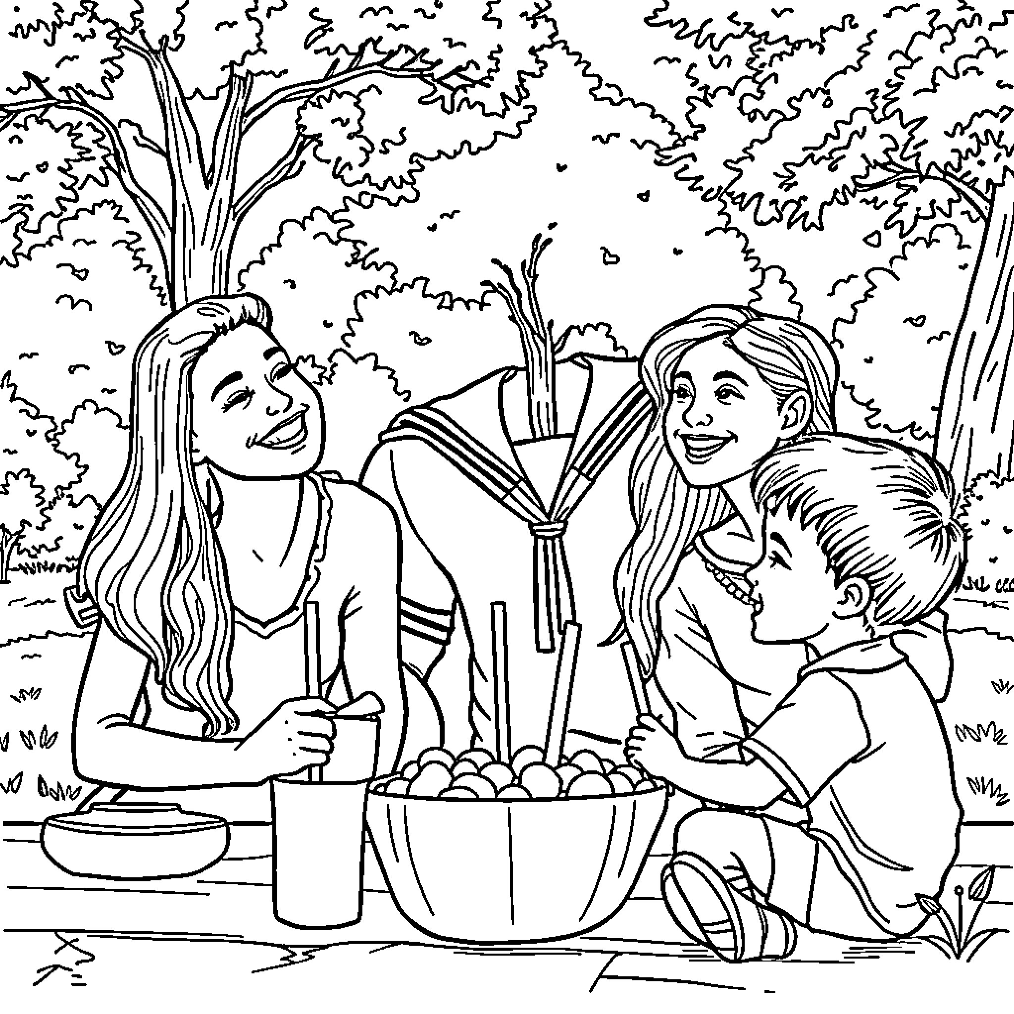 Sailor family enjoying nature in the park Coloring Page (free black-and-white line drawing printable PDF for all, from beginners to advanced learners, including children, teens, adults, and seniors)
