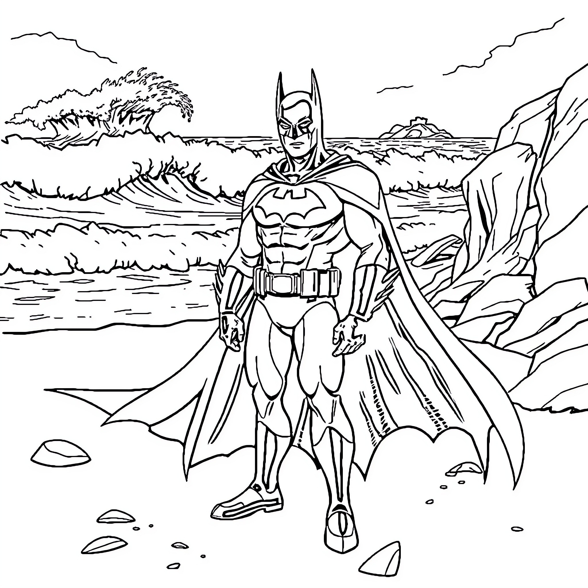 Batman standing heroically in a rugged landscape Coloring Page (free black-and-white line drawing printable PDF for all, from beginners to advanced learners, including children, teens, adults, and seniors)