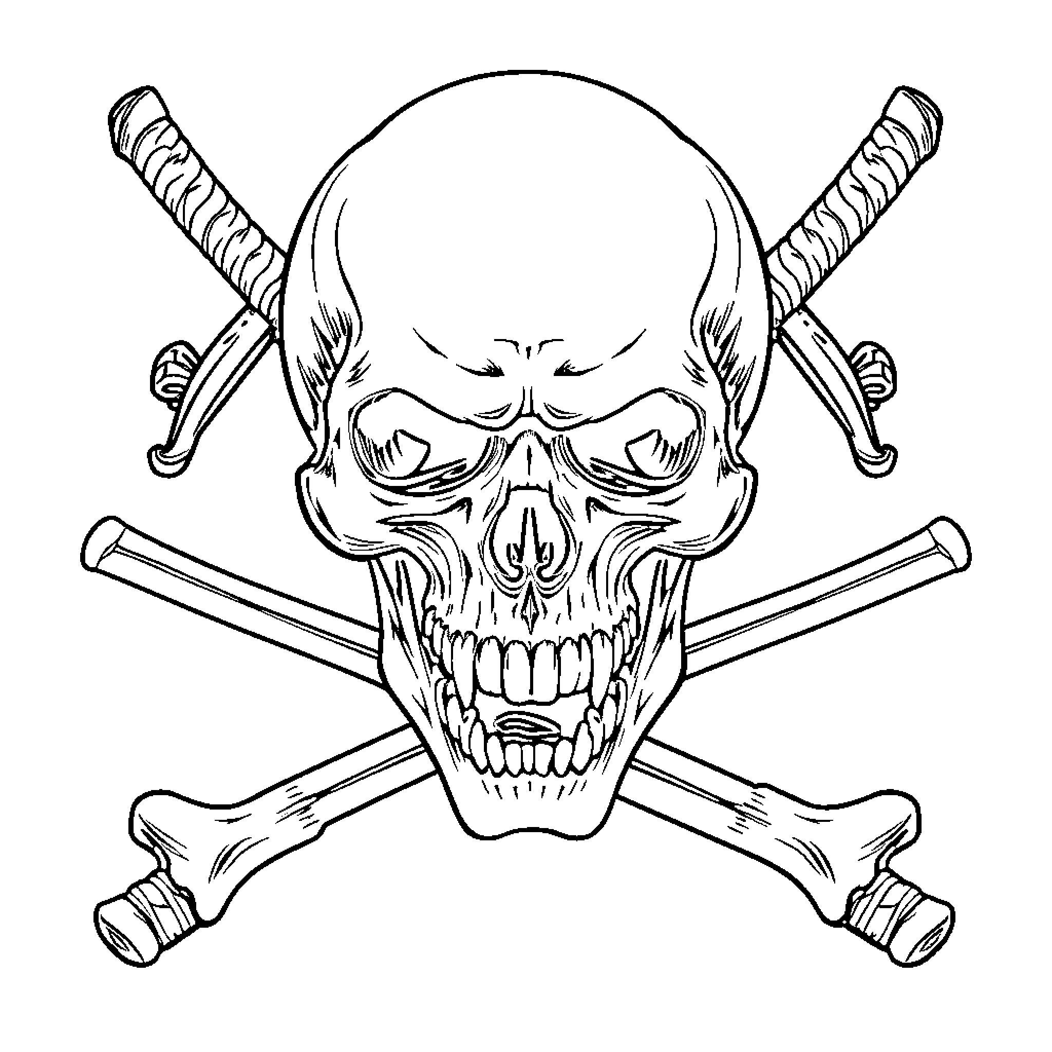 Skull with crossed swords and teeth bared Coloring Page (free black-and-white line drawing printable PDF for all, from beginners to advanced learners, including children, teens, adults, and seniors)