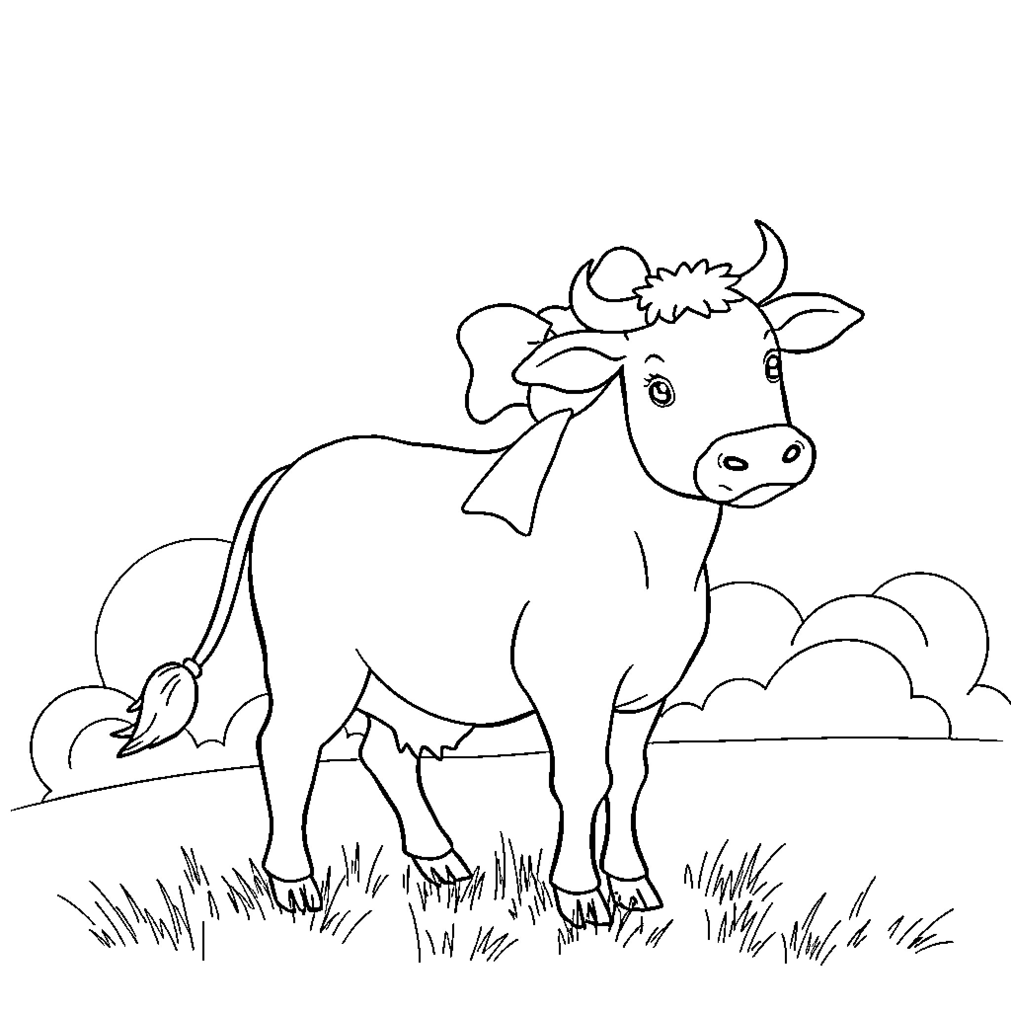 Farfalle Cow Grazing in Pastoral Landscape Coloring Page (free black-and-white line drawing printable PDF for all, from beginners to advanced learners, including children, teens, adults, and seniors)