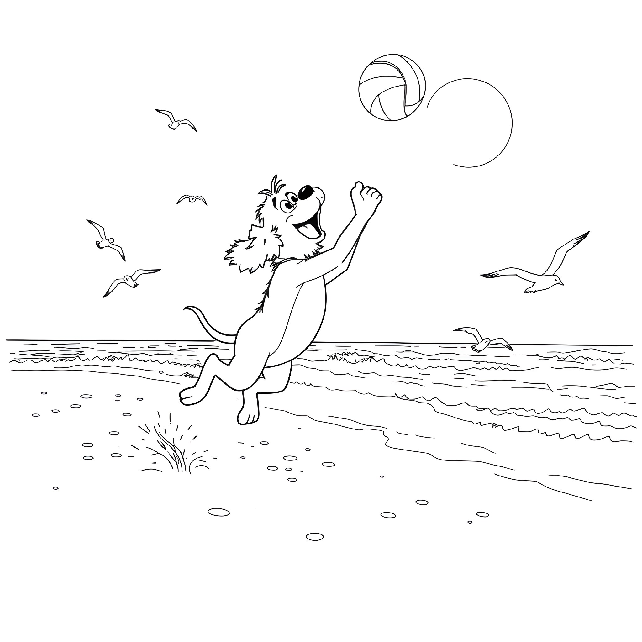 Alf playing volleyball at the beach Coloring Page (free black-and-white line drawing printable PDF for all, from beginners to advanced learners, including children, teens, adults, and seniors)