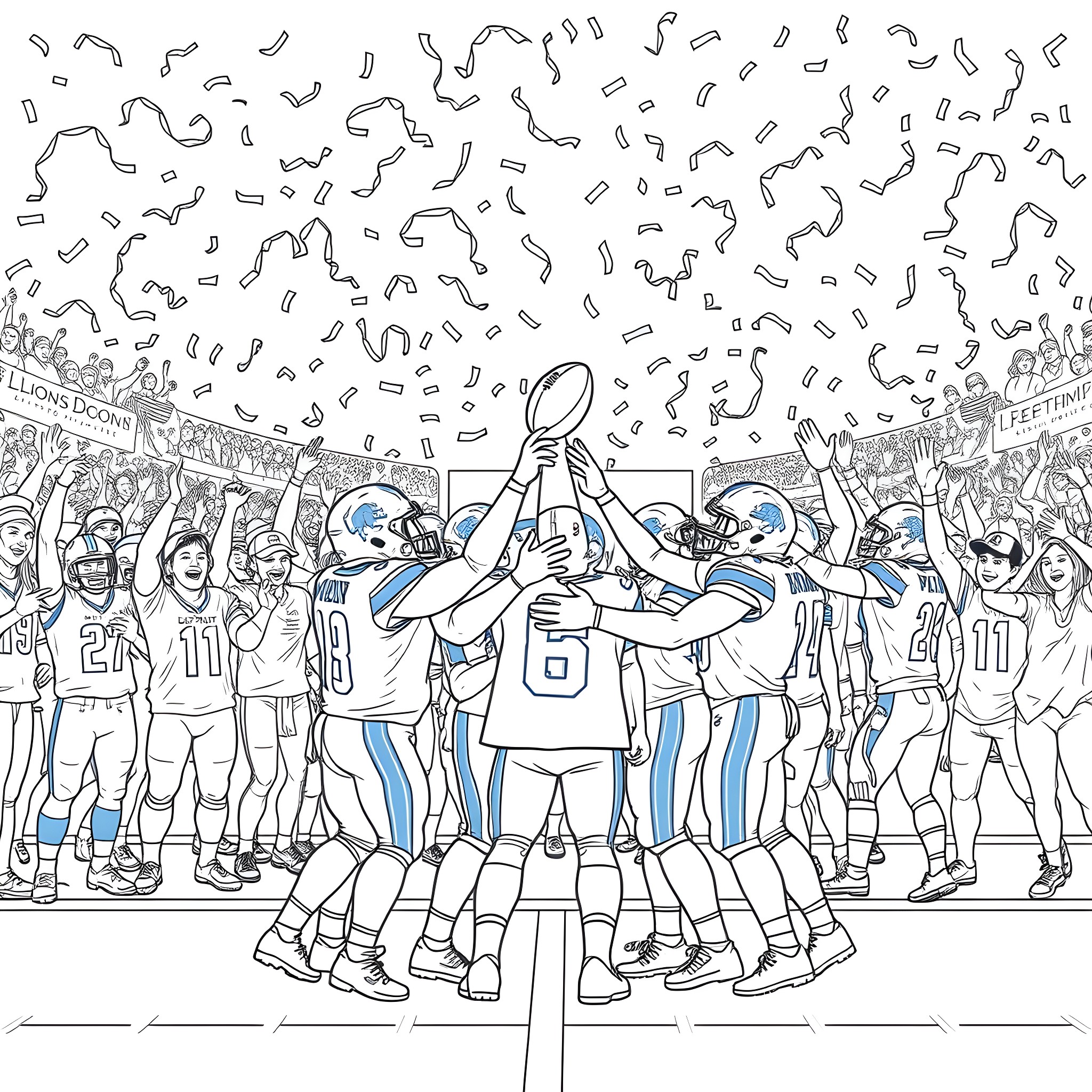 Lion Football Team Celebrating Championship Victory Coloring Page (free black-and-white line drawing printable PDF for all, from beginners to advanced learners, including children, teens, adults, and seniors)