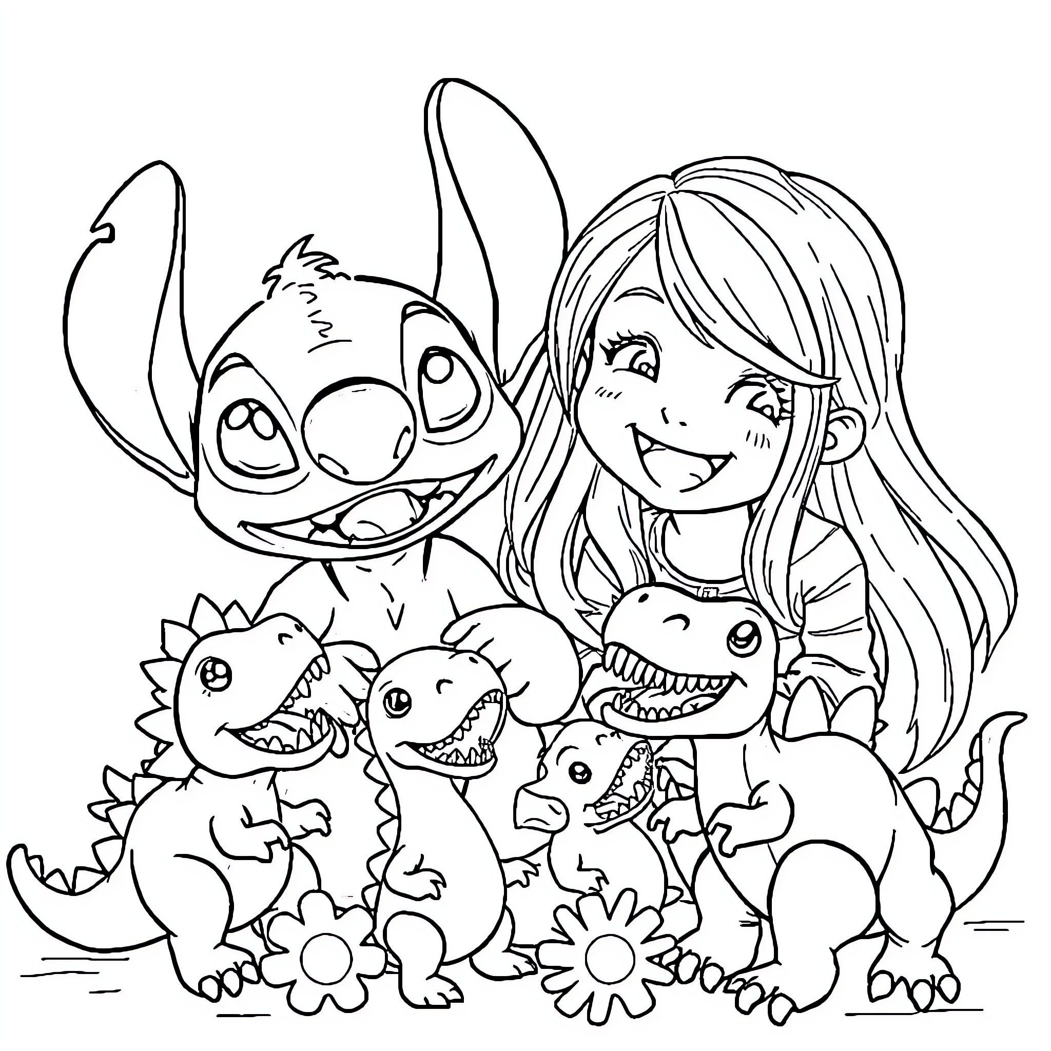 Stitch and Friends Playful Gathering Coloring Page (free black-and-white line drawing printable PDF for all, from beginners to advanced learners, including children, teens, adults, and seniors)
