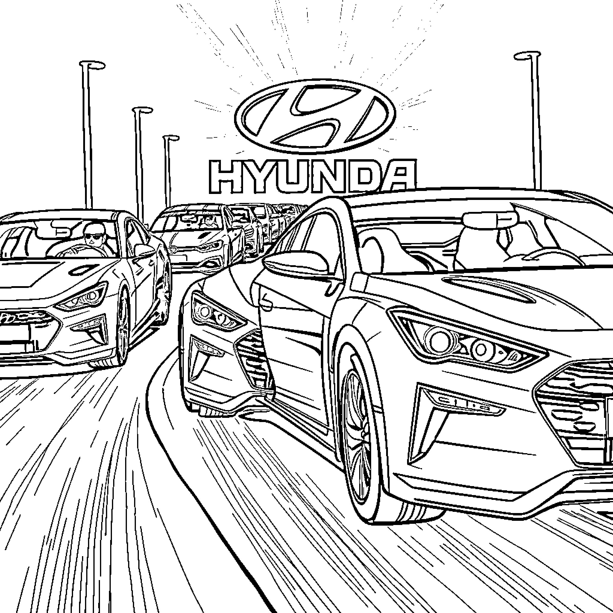 Car showroom with multiple Hyundai models on display Coloring Page (free black-and-white line drawing printable PDF for all, from beginners to advanced learners, including children, teens, adults, and seniors)