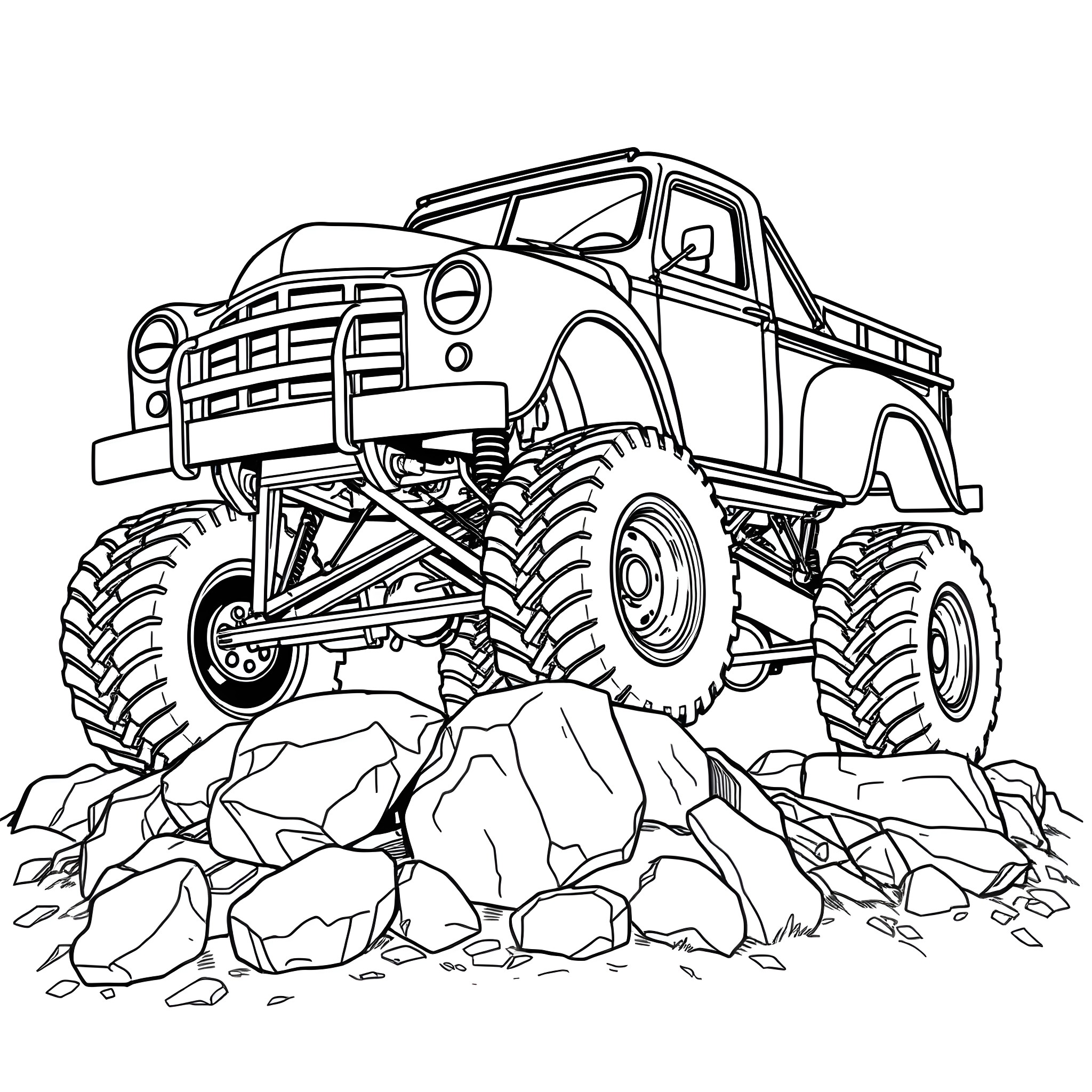 Model A Ford Monster Truck Climbing Rocky Terrain Coloring Page (free black-and-white line drawing printable PDF for all, from beginners to advanced learners, including children, teens, adults, and seniors)
