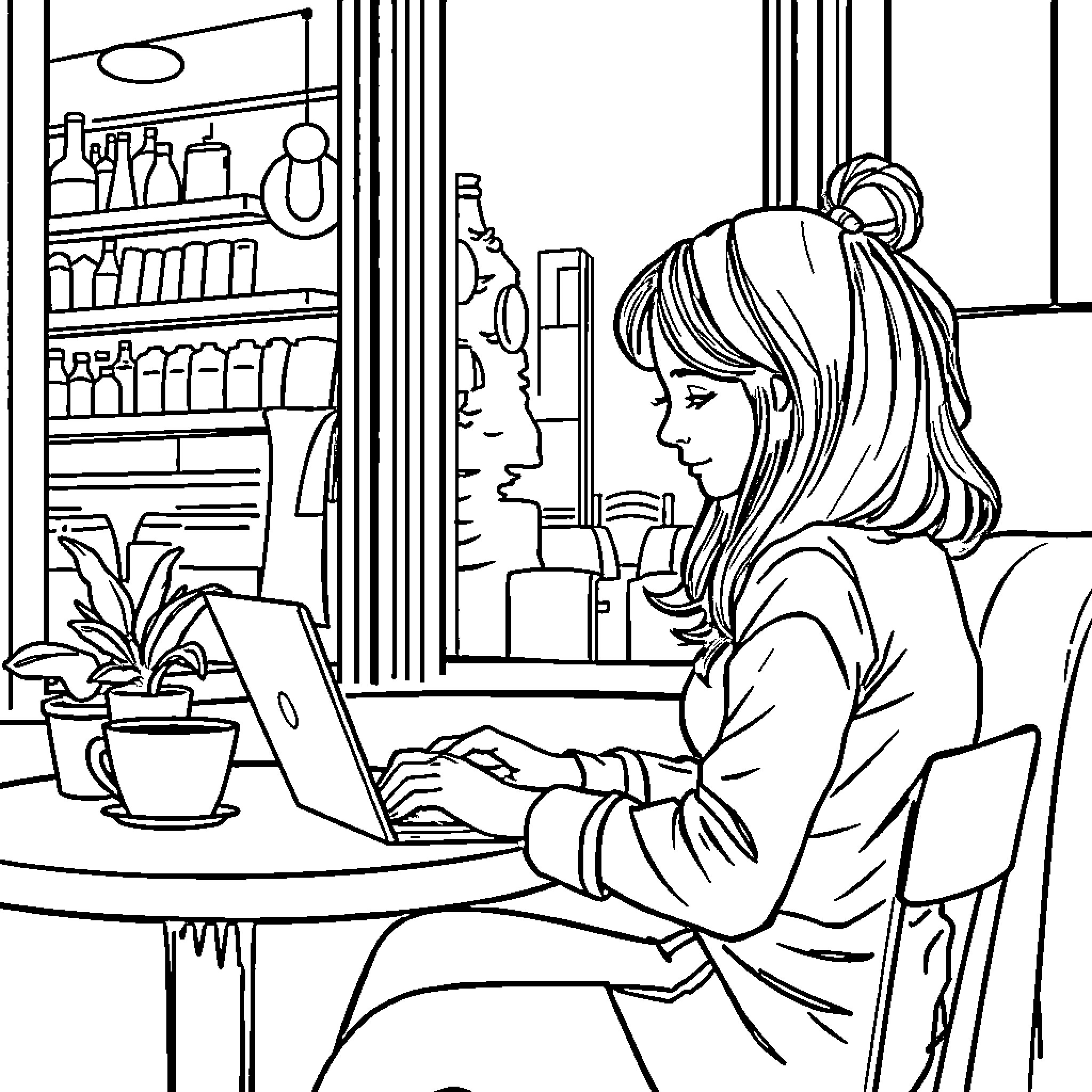 Girl working diligently on laptop in cozy cafe Coloring Page (free black-and-white line drawing printable PDF for all, from beginners to advanced learners, including children, teens, adults, and seniors)