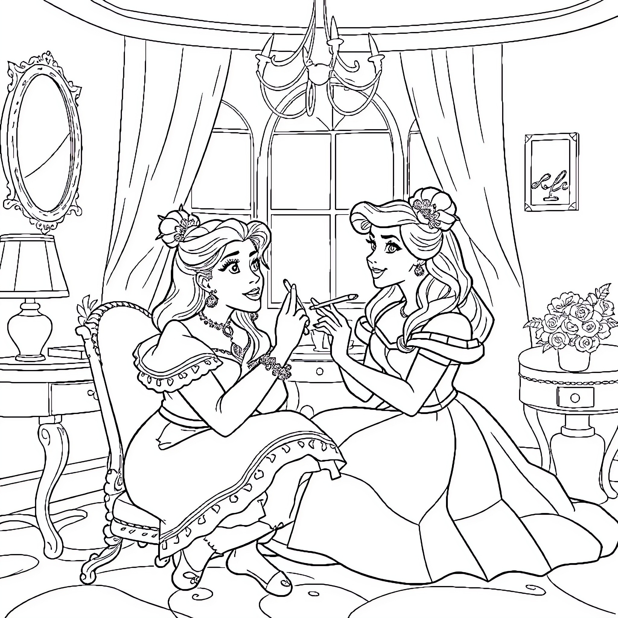 Selena Quintanilla sharing a moment with a friend in a stylish room Coloring Page (free black-and-white line drawing printable PDF for all, from beginners to advanced learners, including children, teens, adults, and seniors)