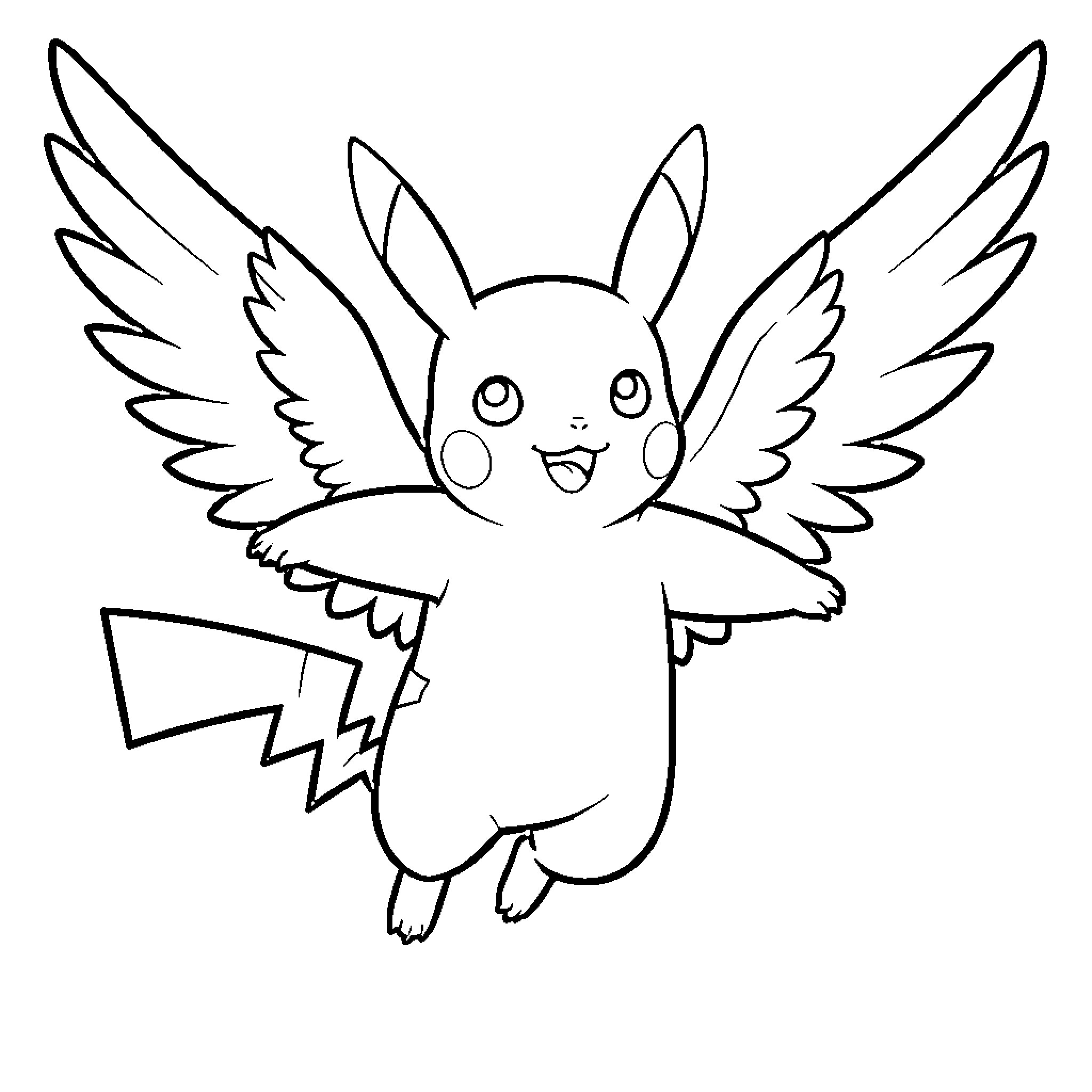 Pikachu with wings flying happily Coloring Page (free black-and-white line drawing printable PDF for all, from beginners to advanced learners, including children, teens, adults, and seniors)