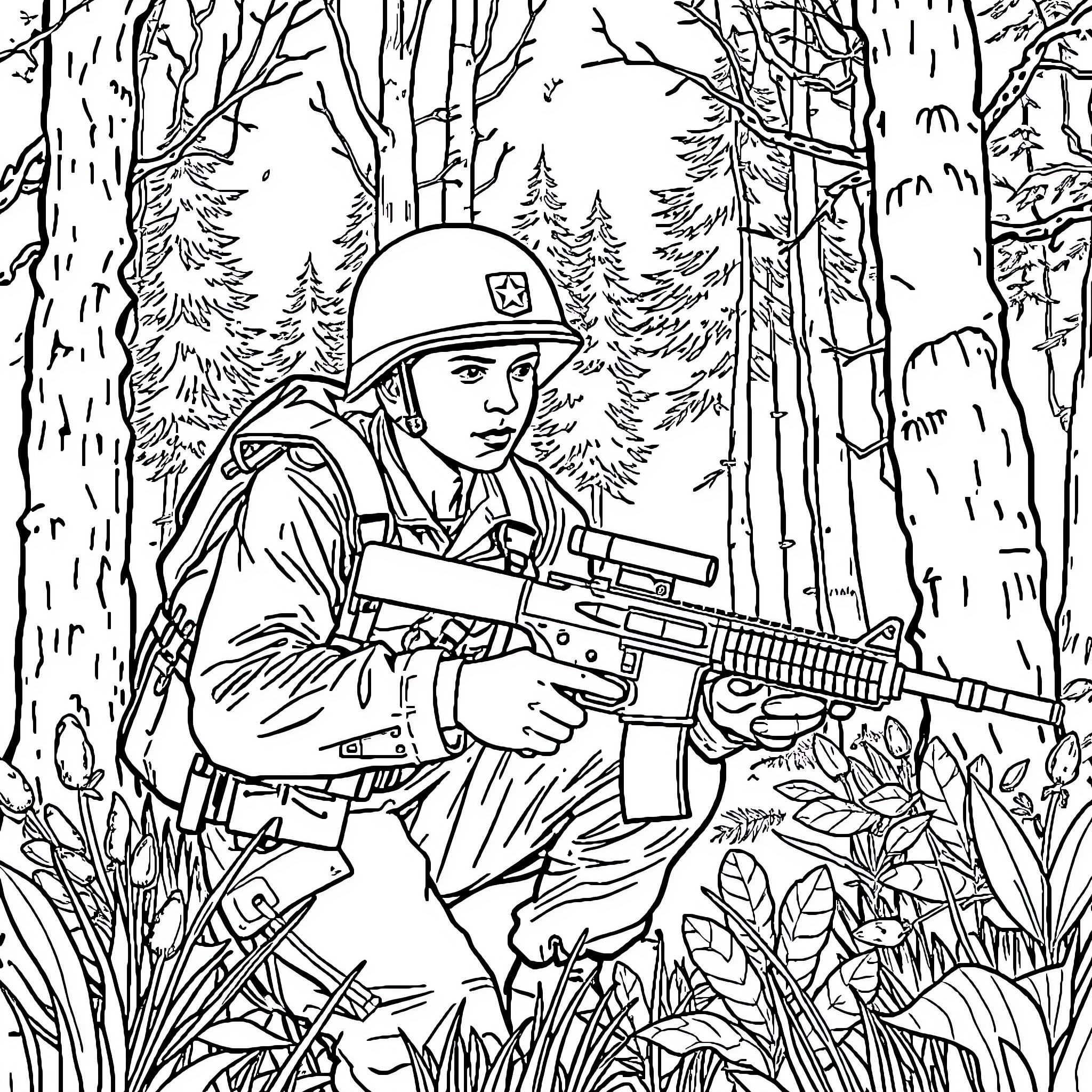 Cadet on Patrol in Wooded Forest Coloring Page (free black-and-white line drawing printable PDF for all, from beginners to advanced learners, including children, teens, adults, and seniors)