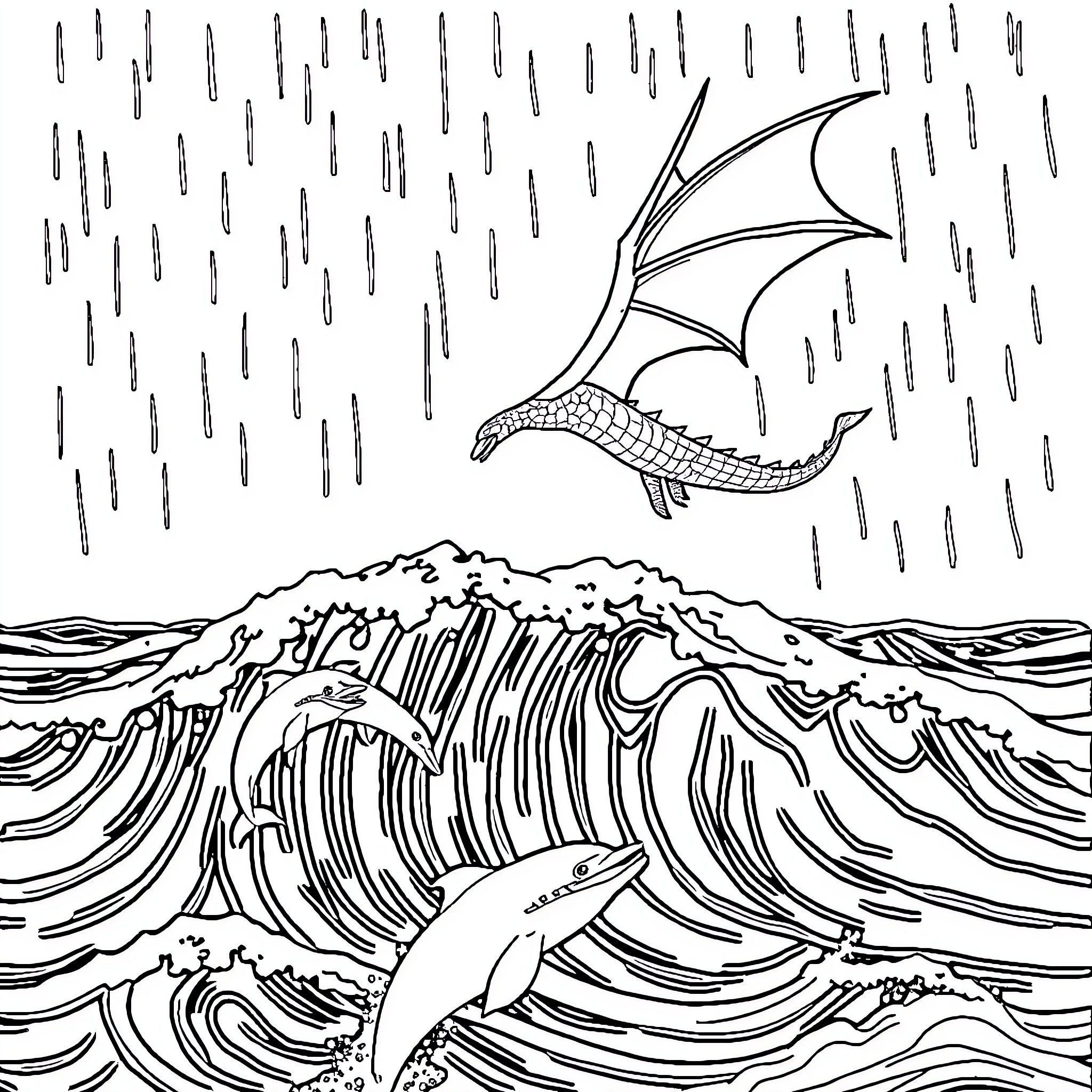 Dragon soaring through stormy waves and rain Coloring Page (free black-and-white line drawing printable PDF for all, from beginners to advanced learners, including children, teens, adults, and seniors)