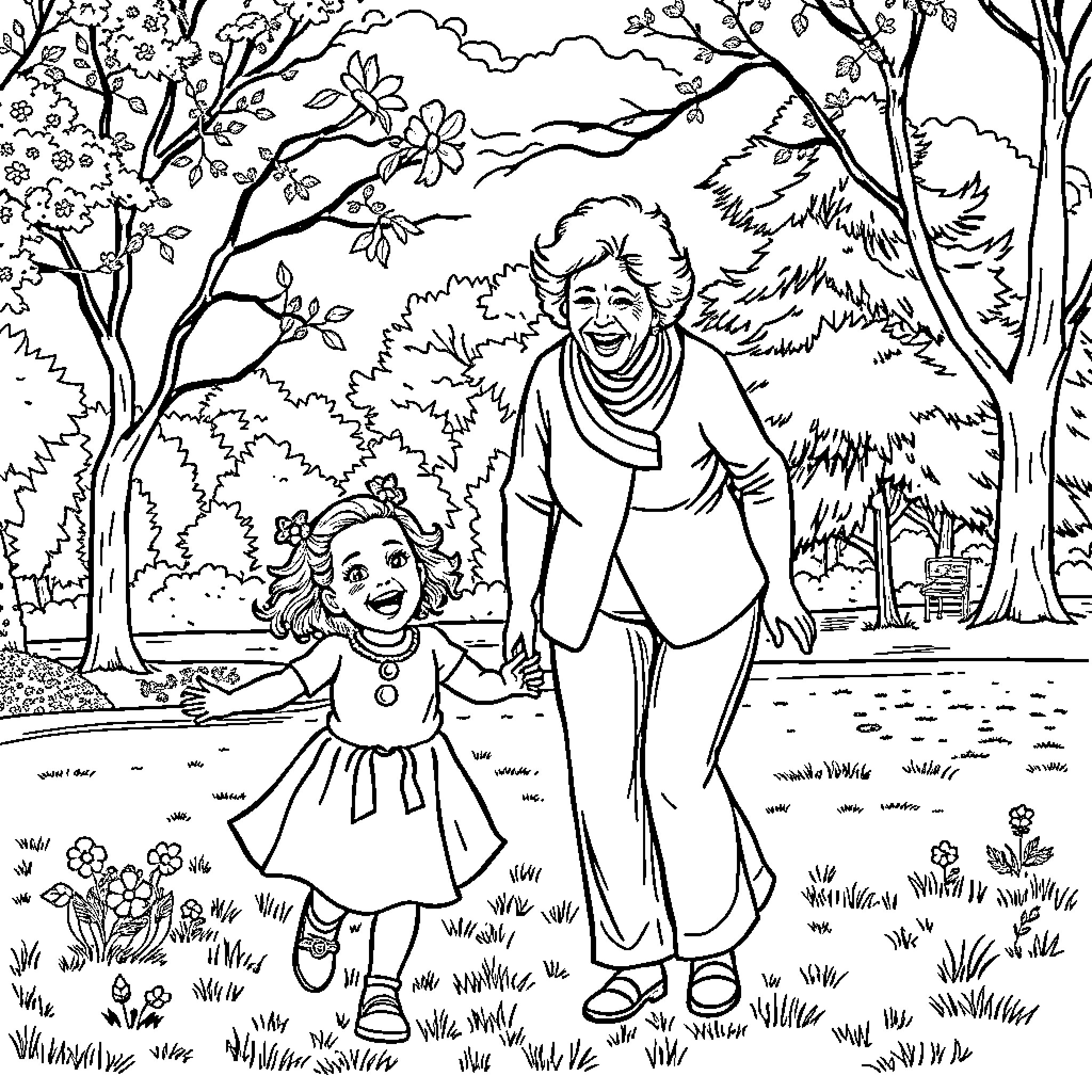 Grandma strolling with granddaughter in the park Coloring Page (free black-and-white line drawing printable PDF for all, from beginners to advanced learners, including children, teens, adults, and seniors)